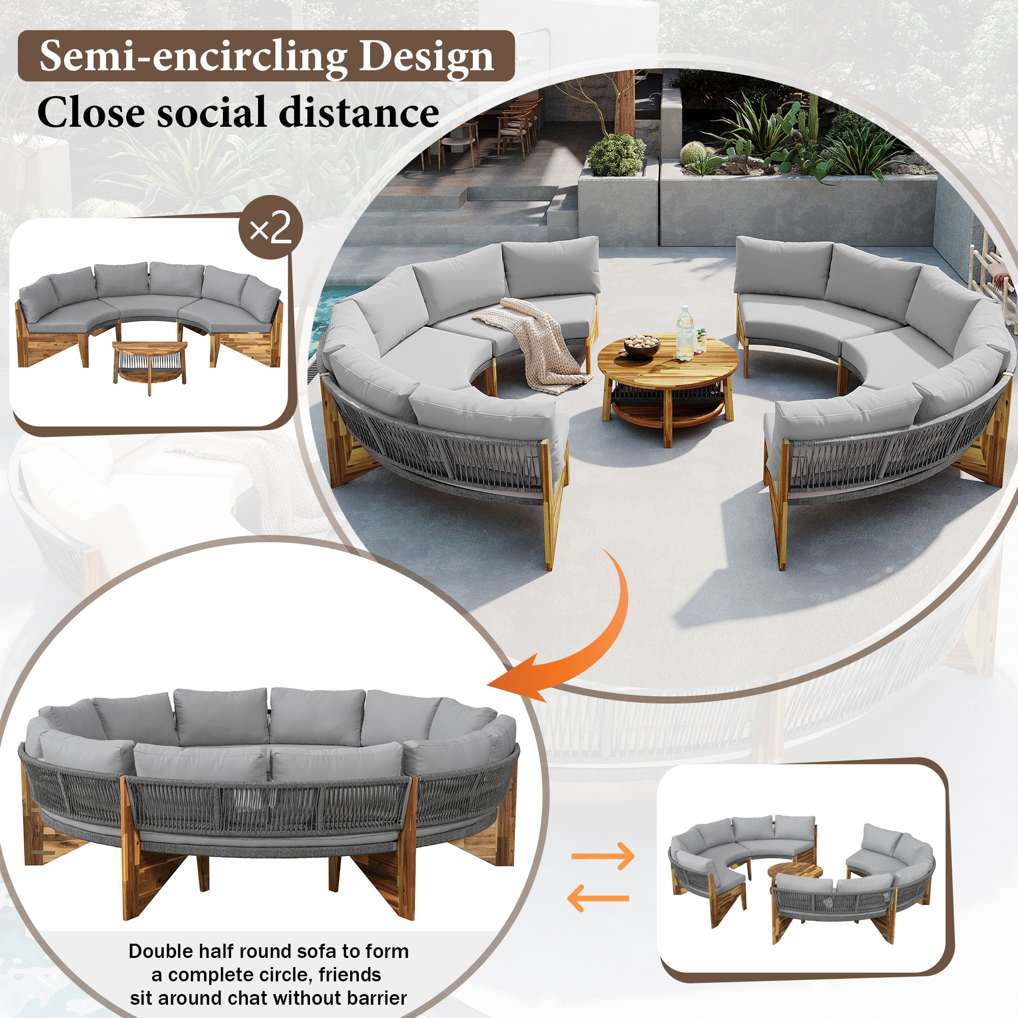 U_Style 3-Piece Outdoor Sofa Set for 6, 2 Semi-Circle Sofas + Acacia Wood Coffee Table, Weather-Resistant Patio Couch Set, Comfortable Garden & Backyard Furniture(old sku:WY000428AAA)