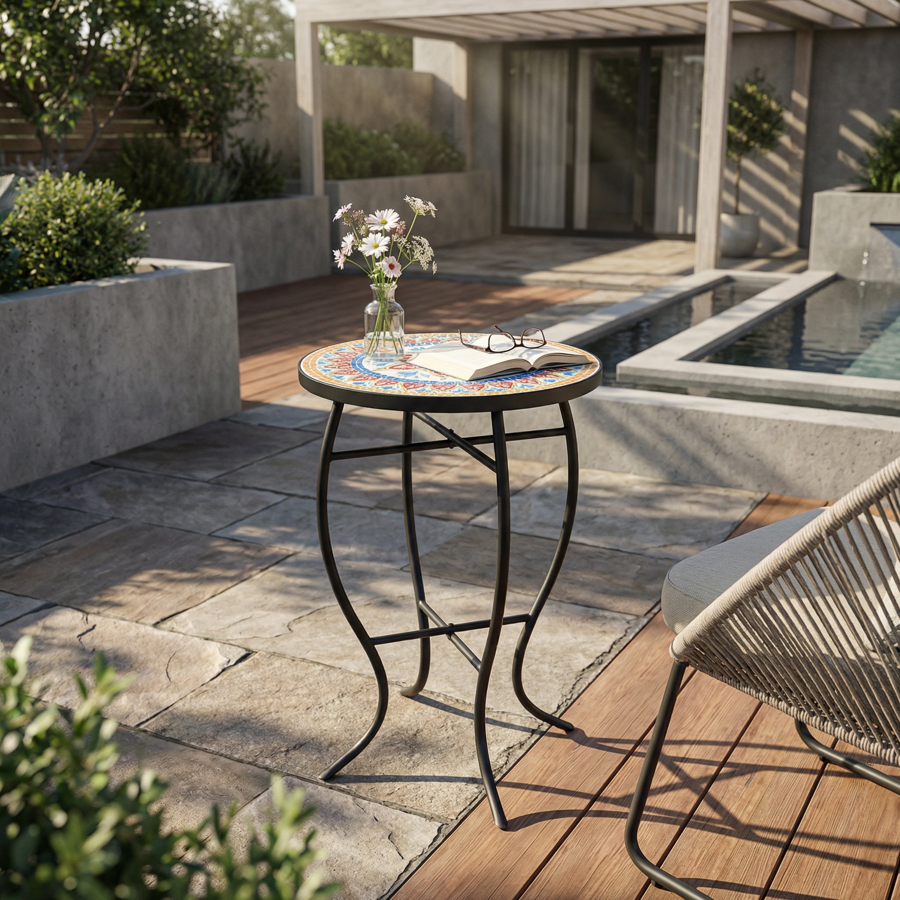 Outdoor Round Side Table with Mosaic-Style Top and Curved Iron Legs - Multi-color