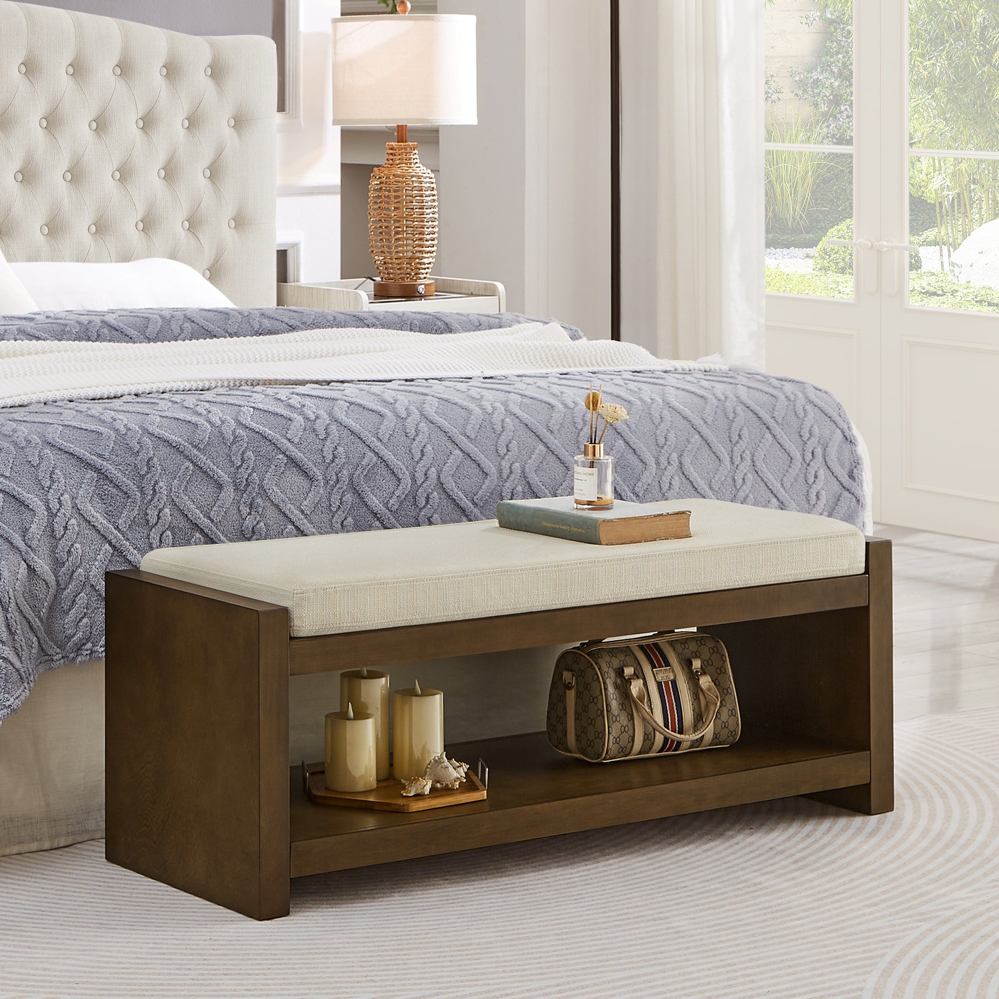 Accent Bench with Lower Shelf Shoe Rack and Padded Seating