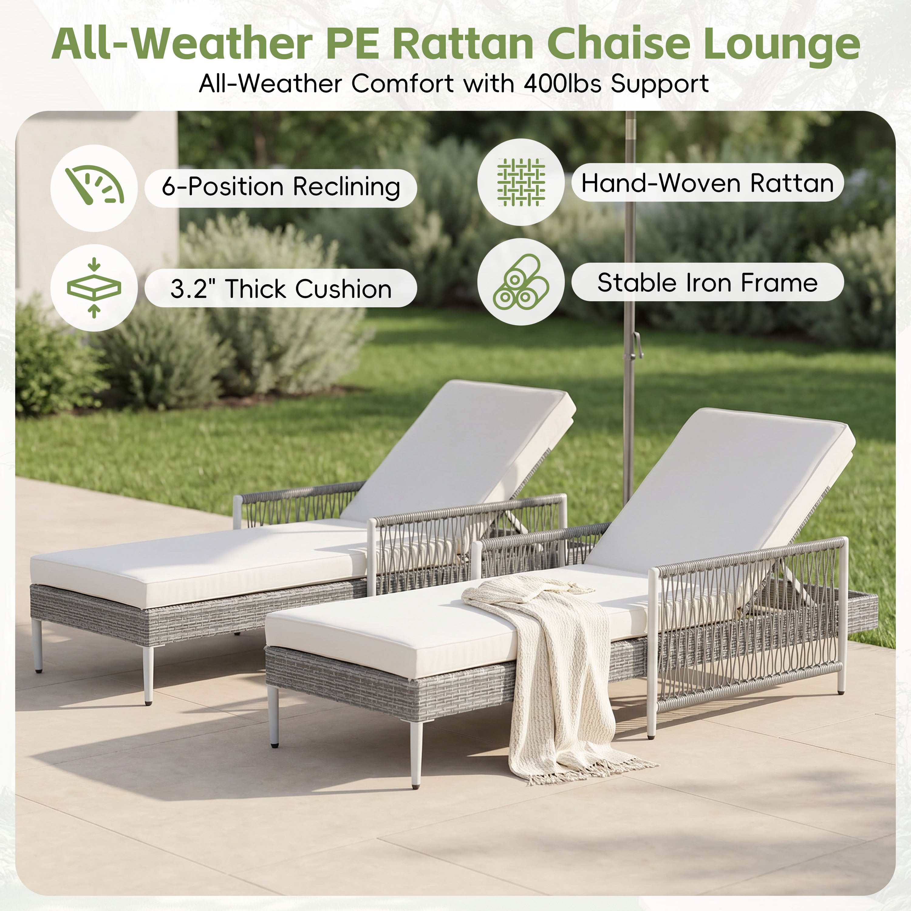 TOPMAX Outdoor All-Weather PE Rattan Chaise Lounge, Minimalist Patio Wicker Lounge Chair with 6 Gear Adjustable Recliner, Arms and Cushion for Poolside, Deck, Grey