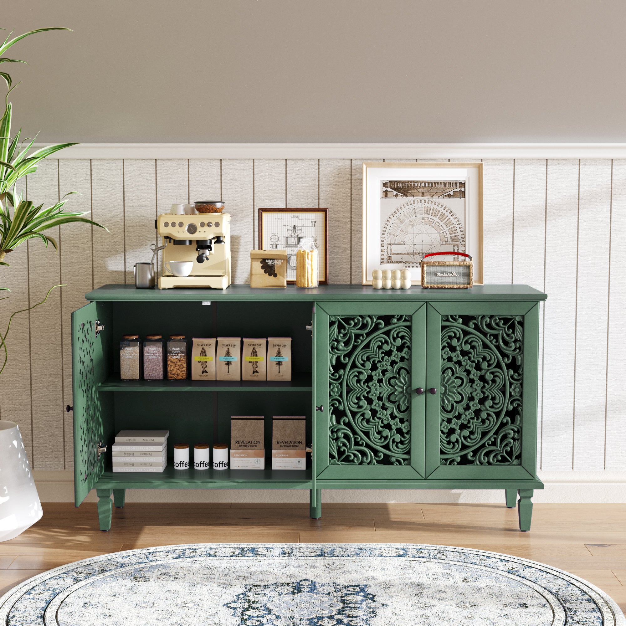 Floral Carvings Buffet Storage Cabinet