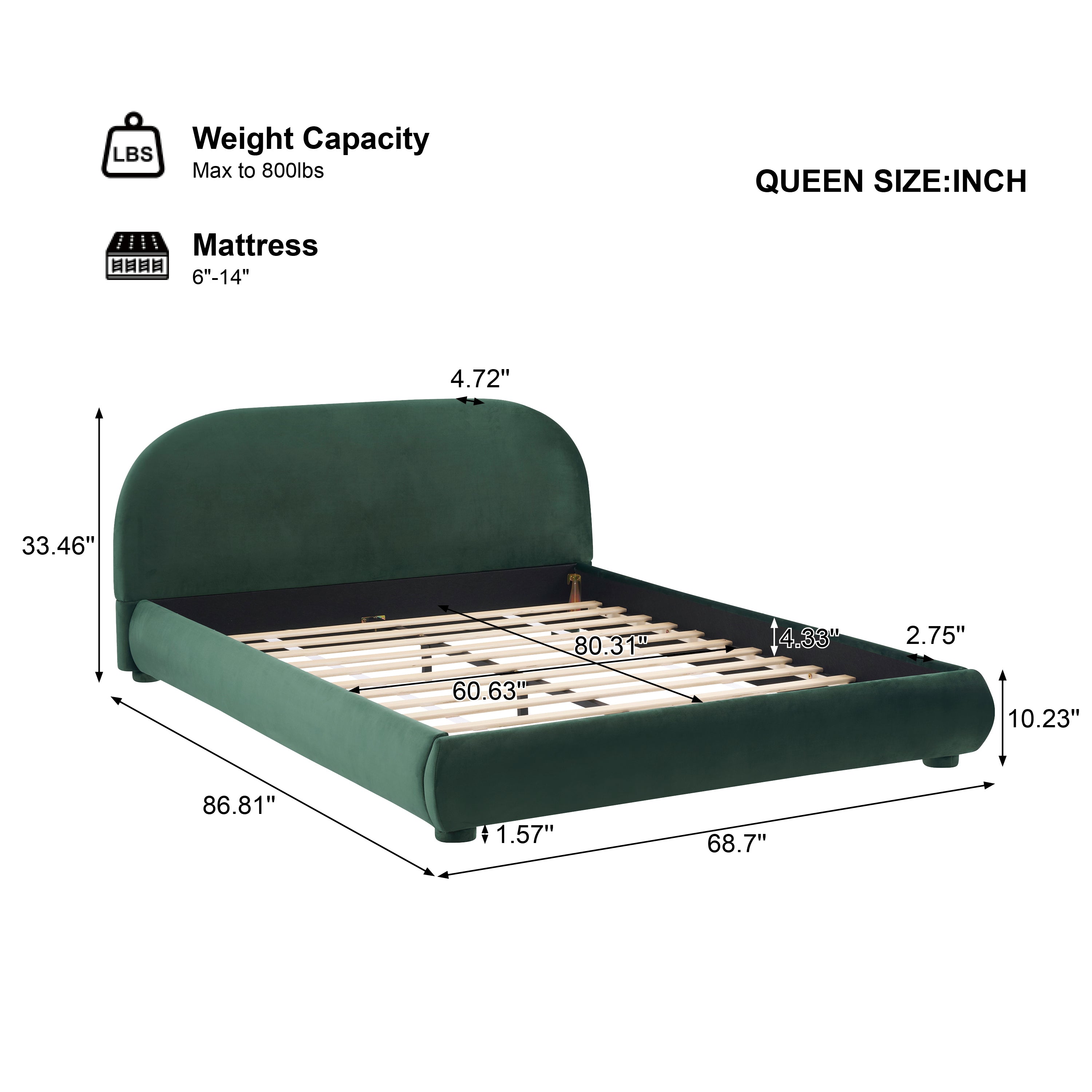Modern Bed Frame with Upholstered Curved Headboard