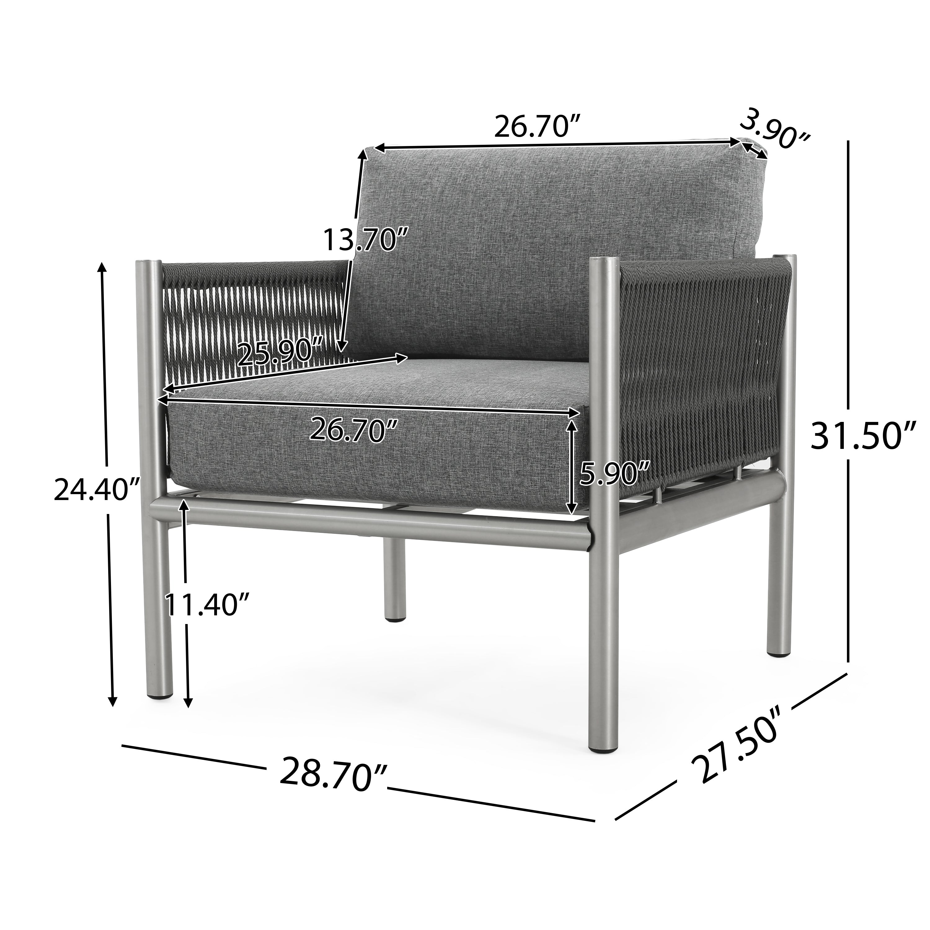 Outdoor Club Chair with Braided Rope Design and Aluminum Frame