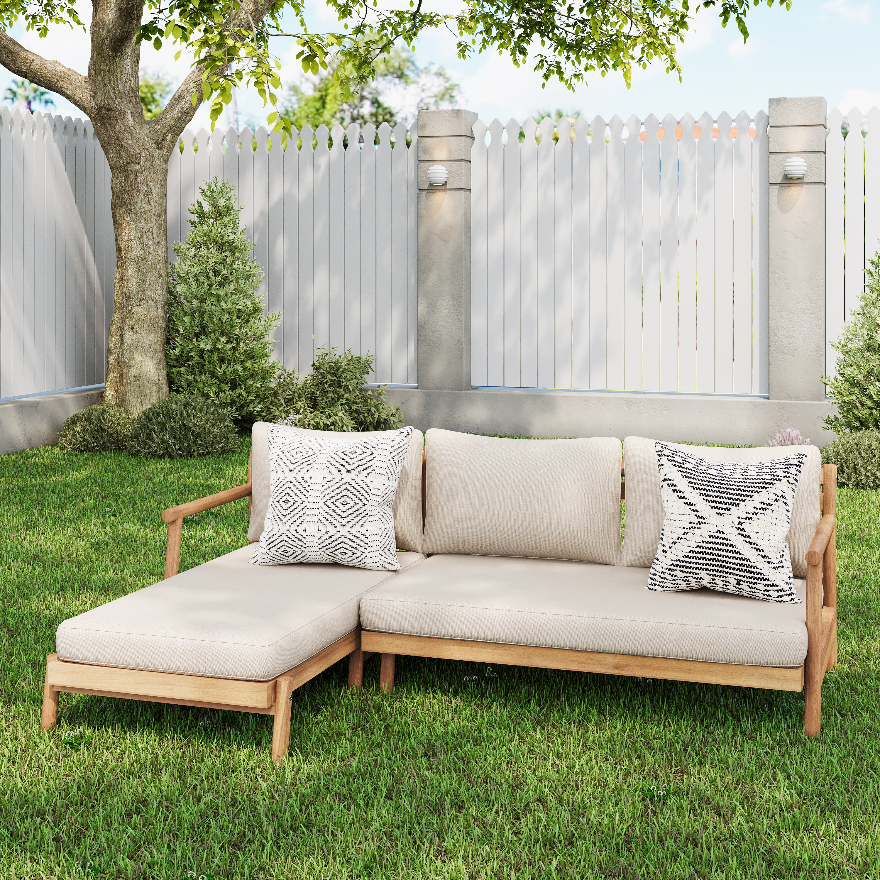 Indira Outdoor Acacia Wood L-Shape Sectional with Water-Resistant Cushion