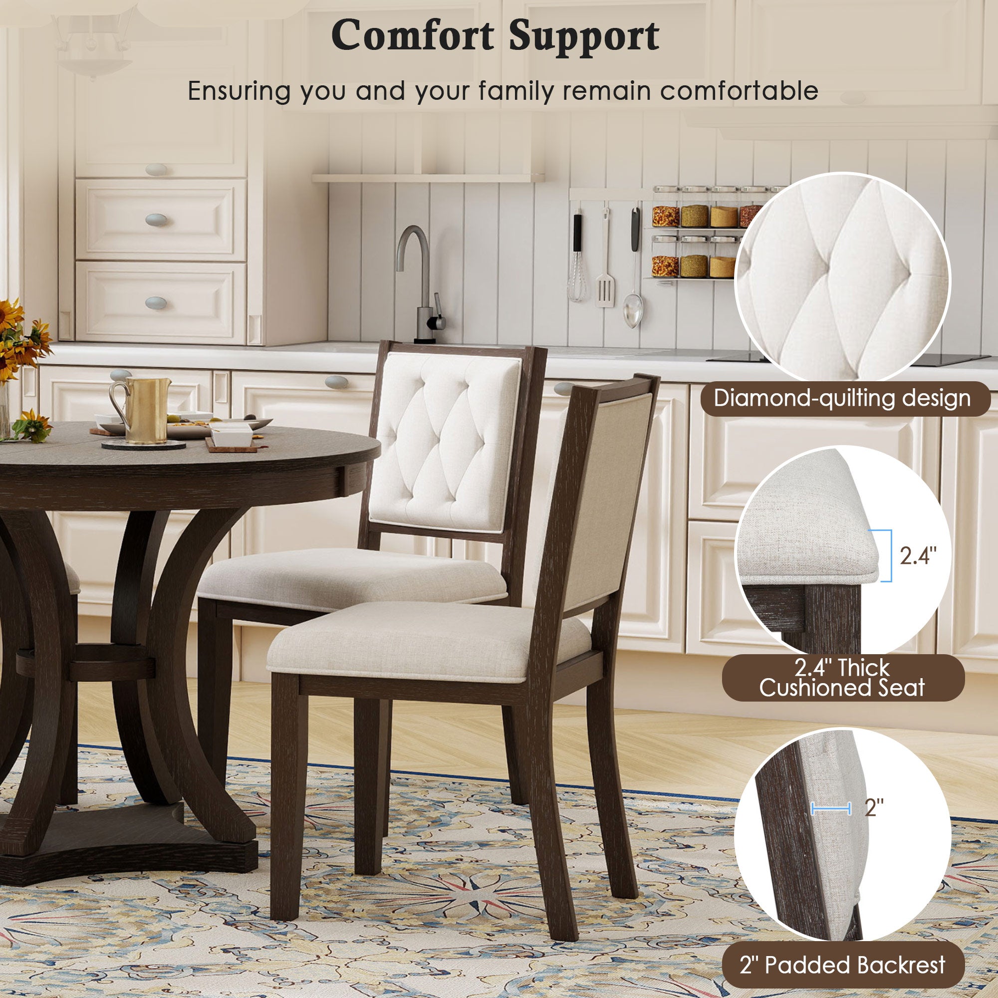 Retro Round Dining Table Set with Extendable Round Table and 4 Upholstered Chairs