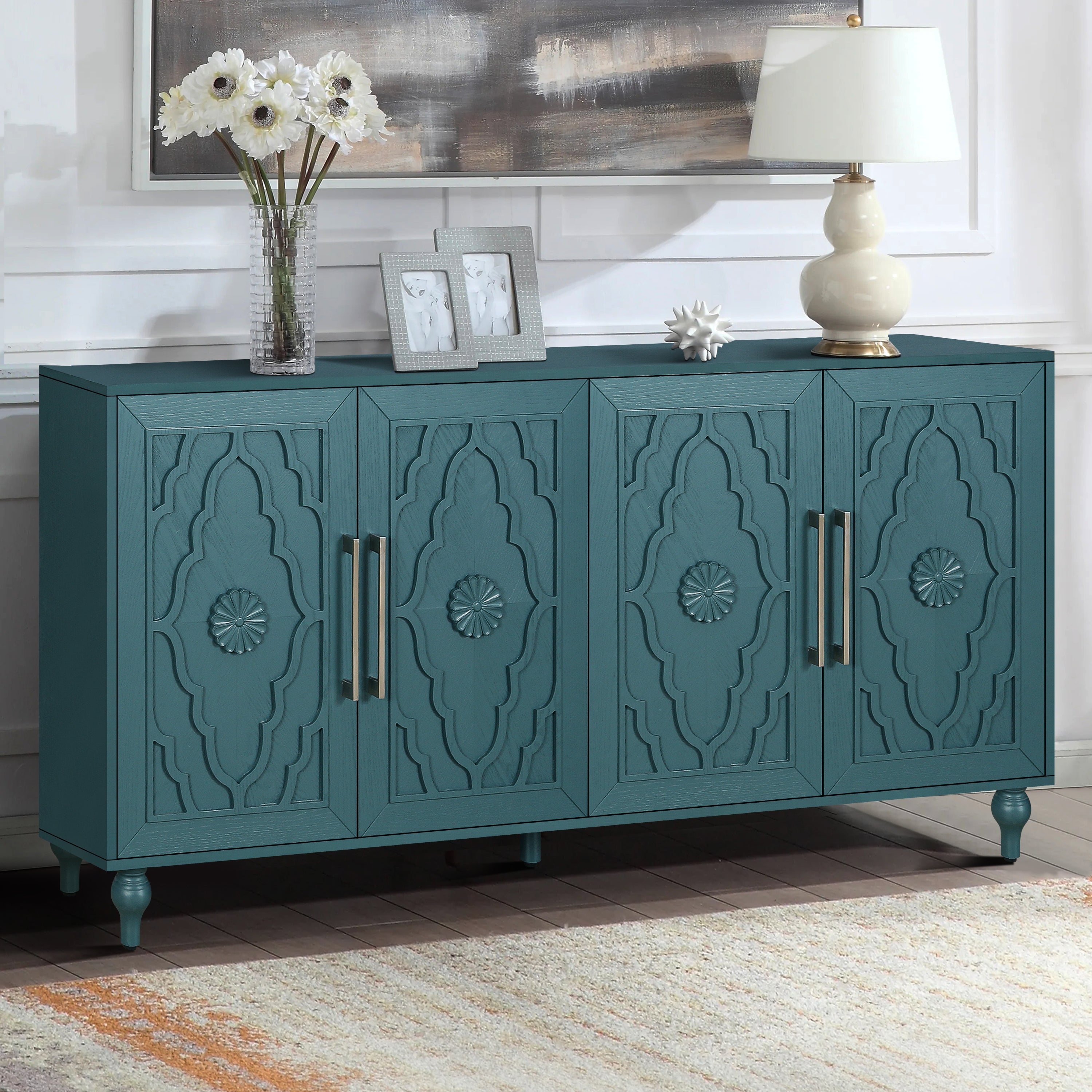 63'' Large Carved Flower Doors Storage Cabinet