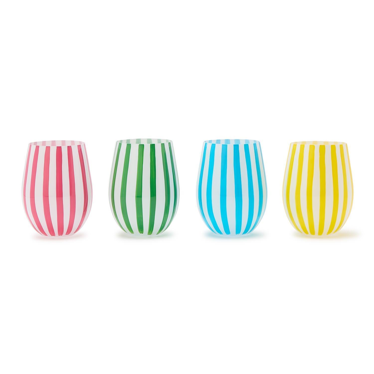 Stripe Hand-Painted Stemless Wine Glass Incl 4 Colors, Set of 4
