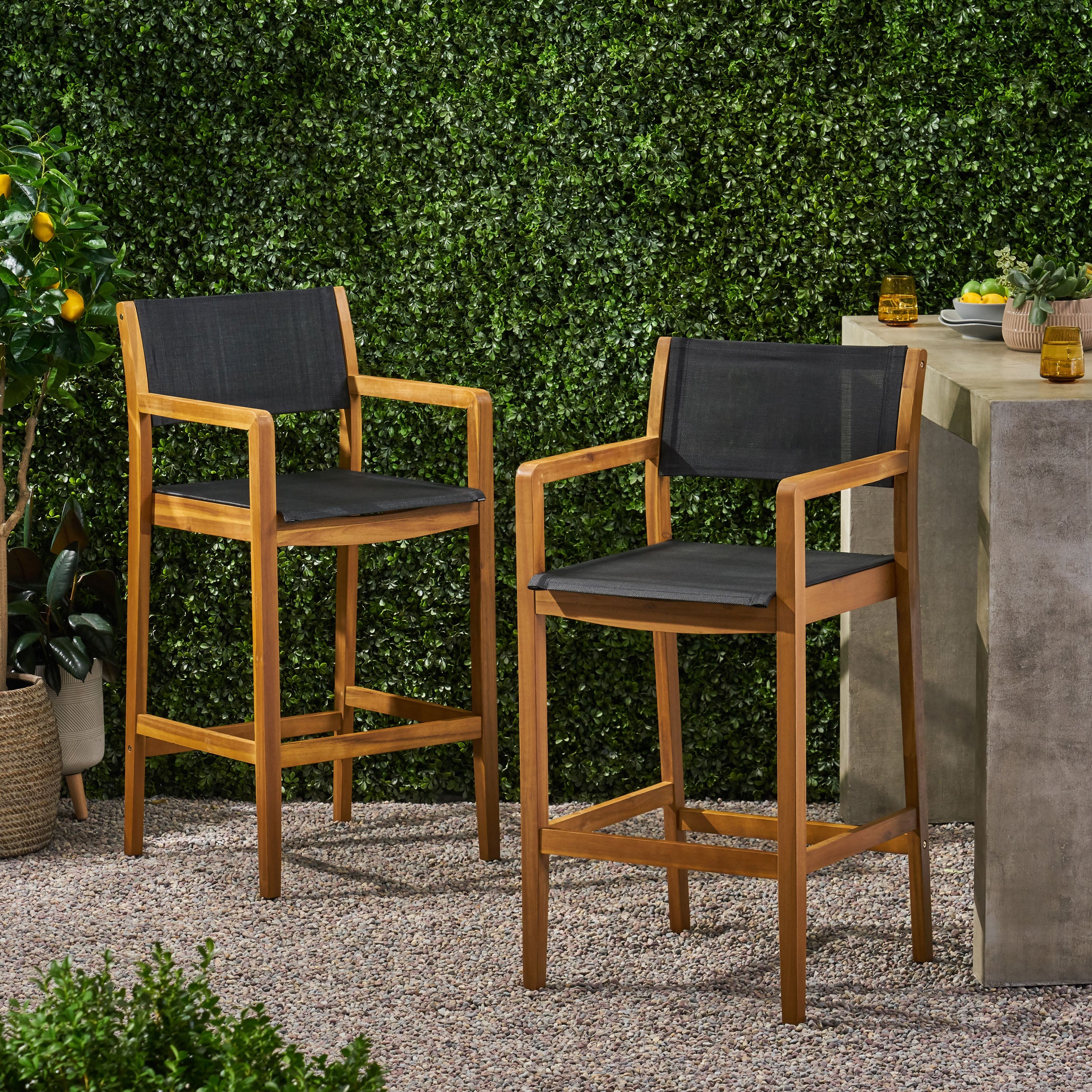 Santana Outdoor Acacia Wood Barstools With Outdoor Mesh, Set of 2
