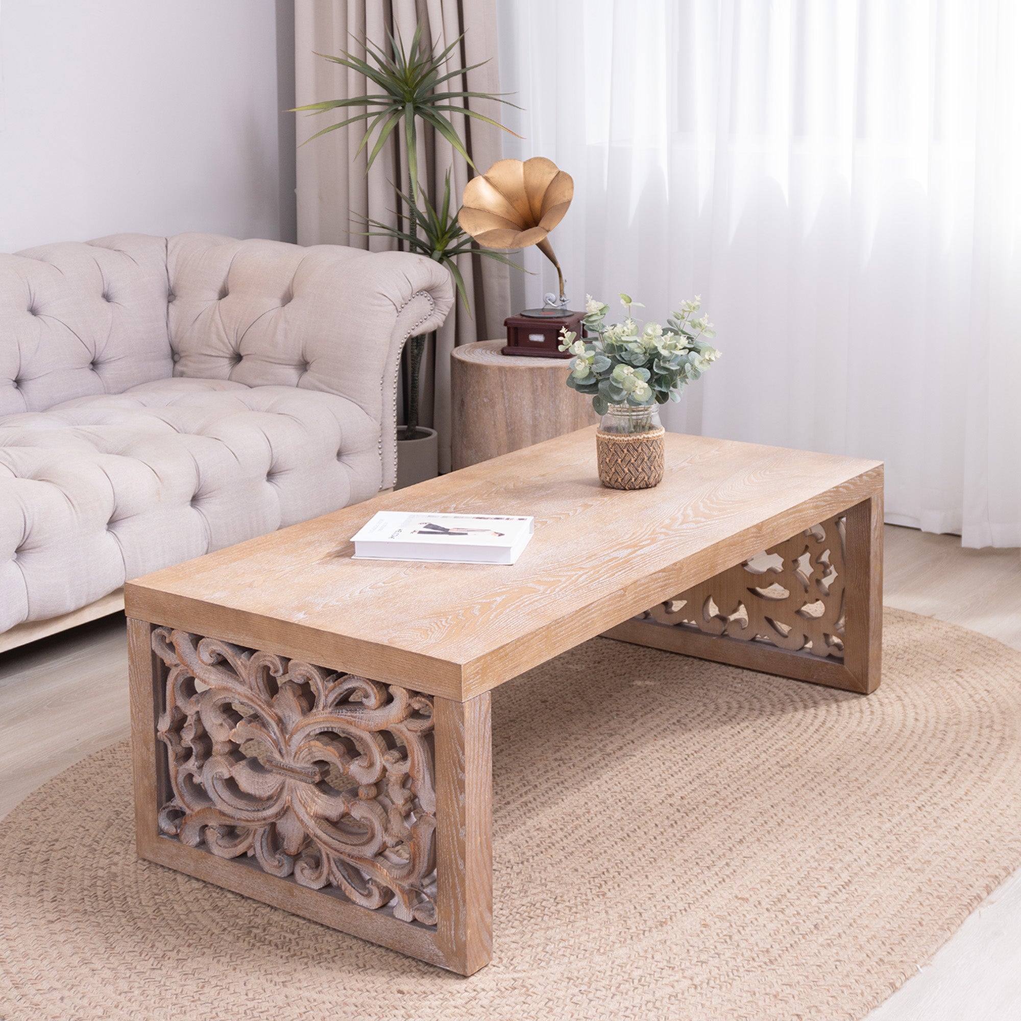 Handcrafted Rustic Wood Coffee Table with Ornate Side Panels
