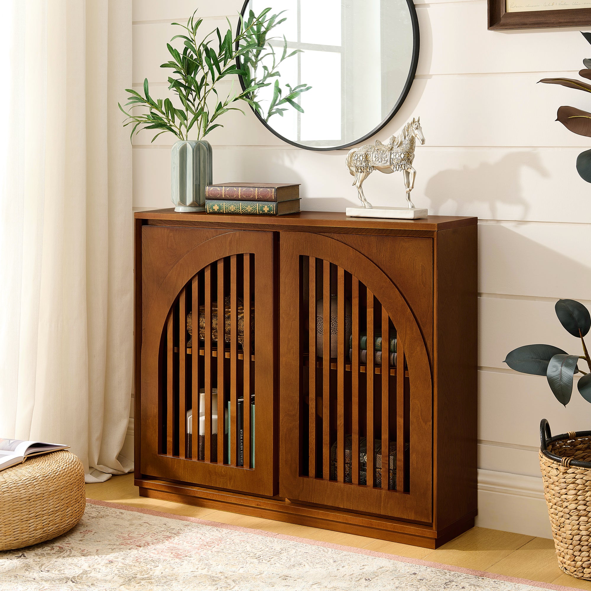 Mid-Century Modern Fluted Narrow Storage Cabinet with 2 Outlet Holes
