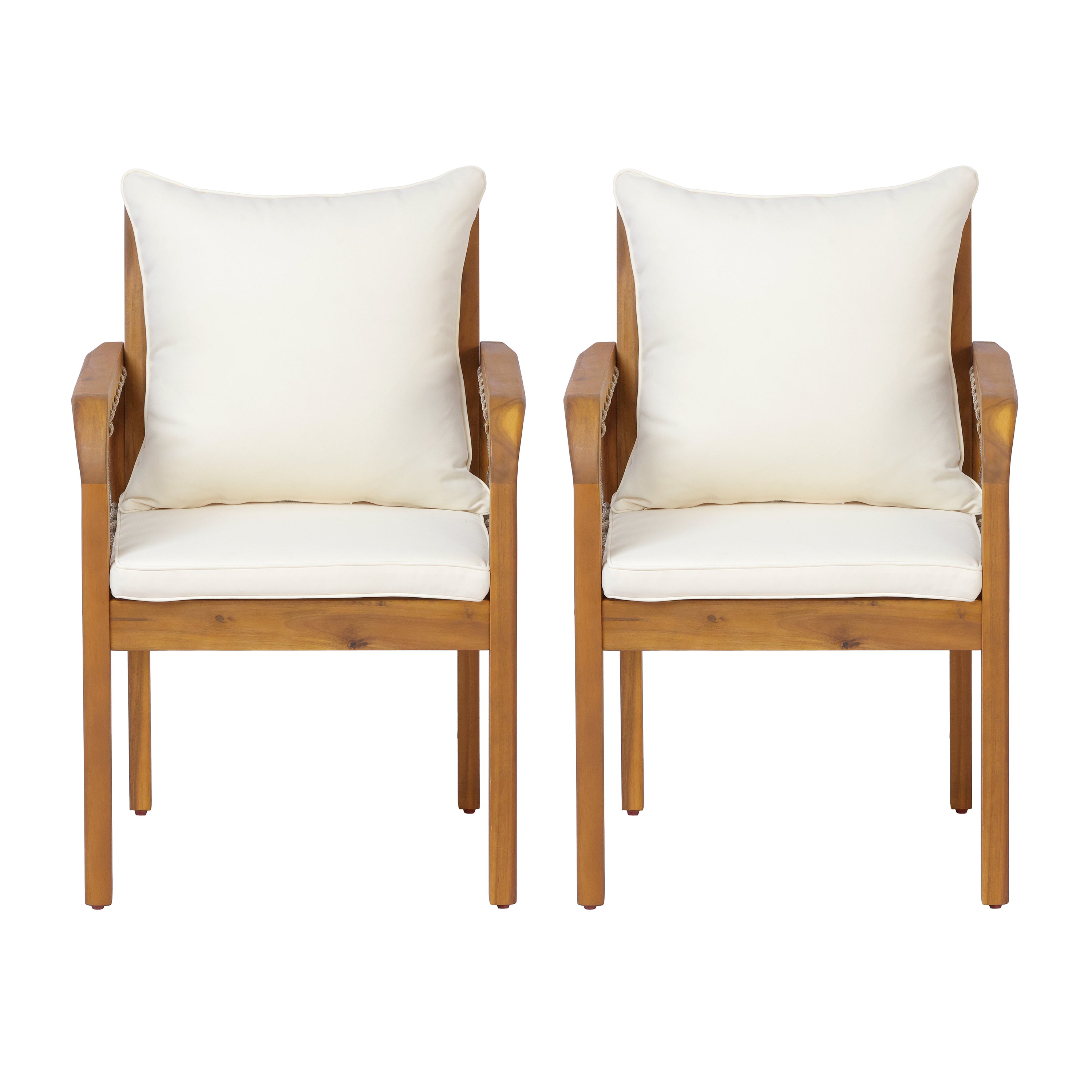 Outdoor Patio Acacia Wood Chairs With Woven Rope Arms, Set of 2