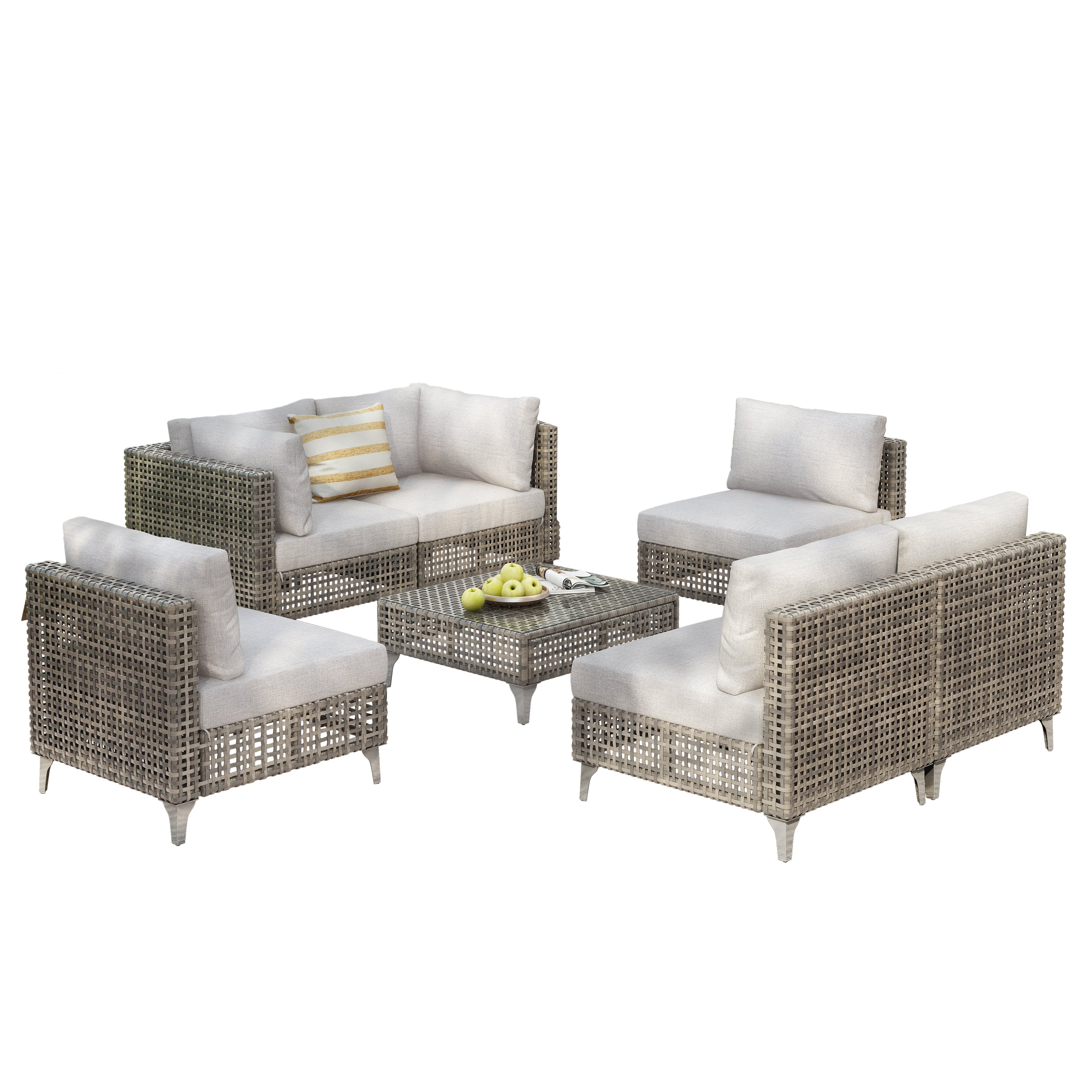 7-Piece Outdoor Wicker Sectional Sofa with Water Resistant Cushions and Coffee Table