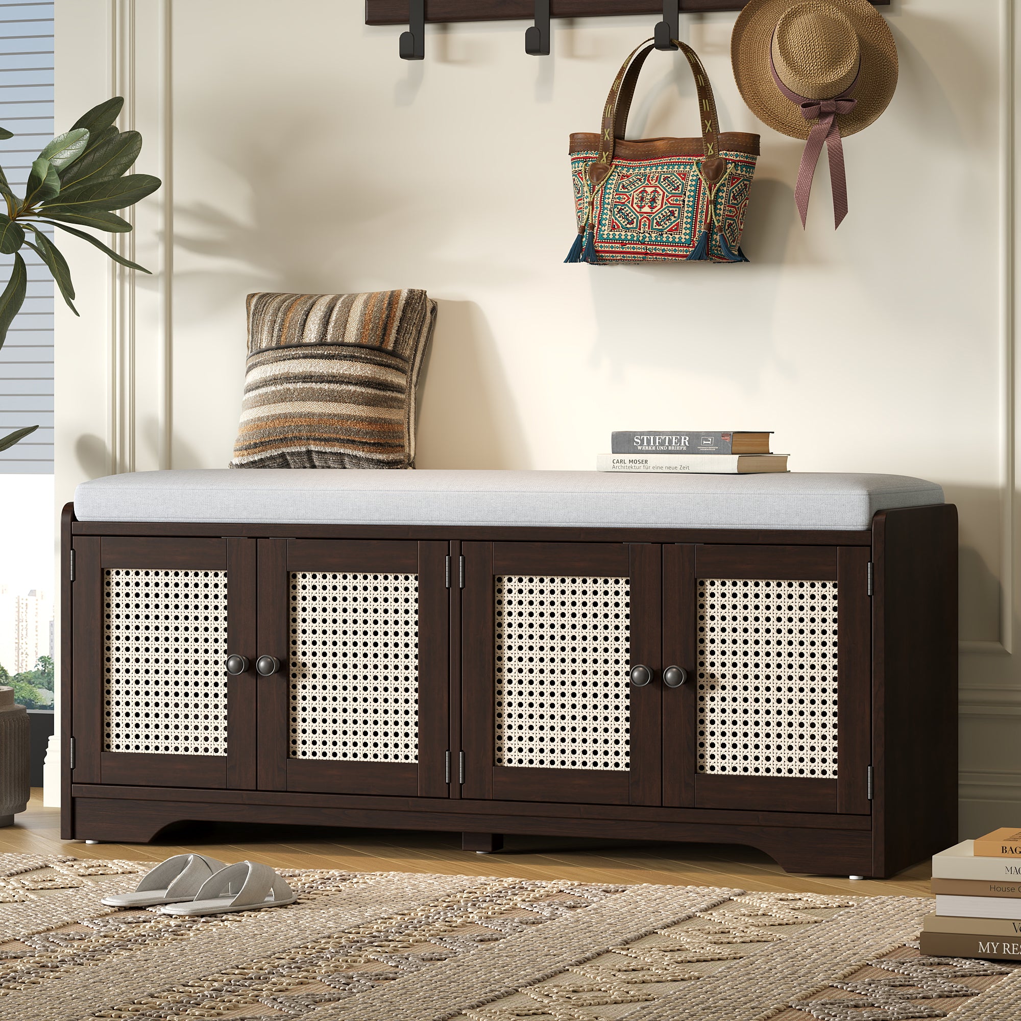 Storage Bench with Rattan Doors