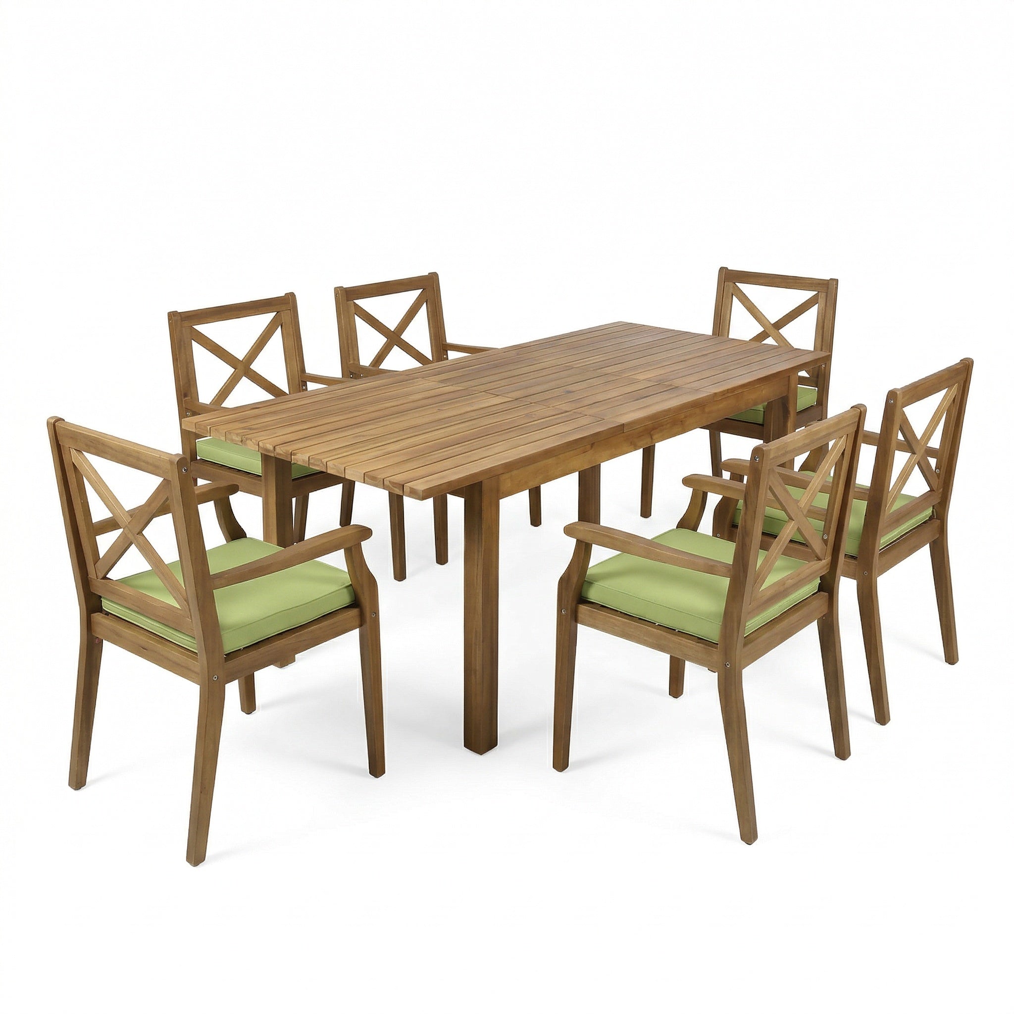 7 Pieces Acacia Wood Outdoor Dining Set with Green Cushions
