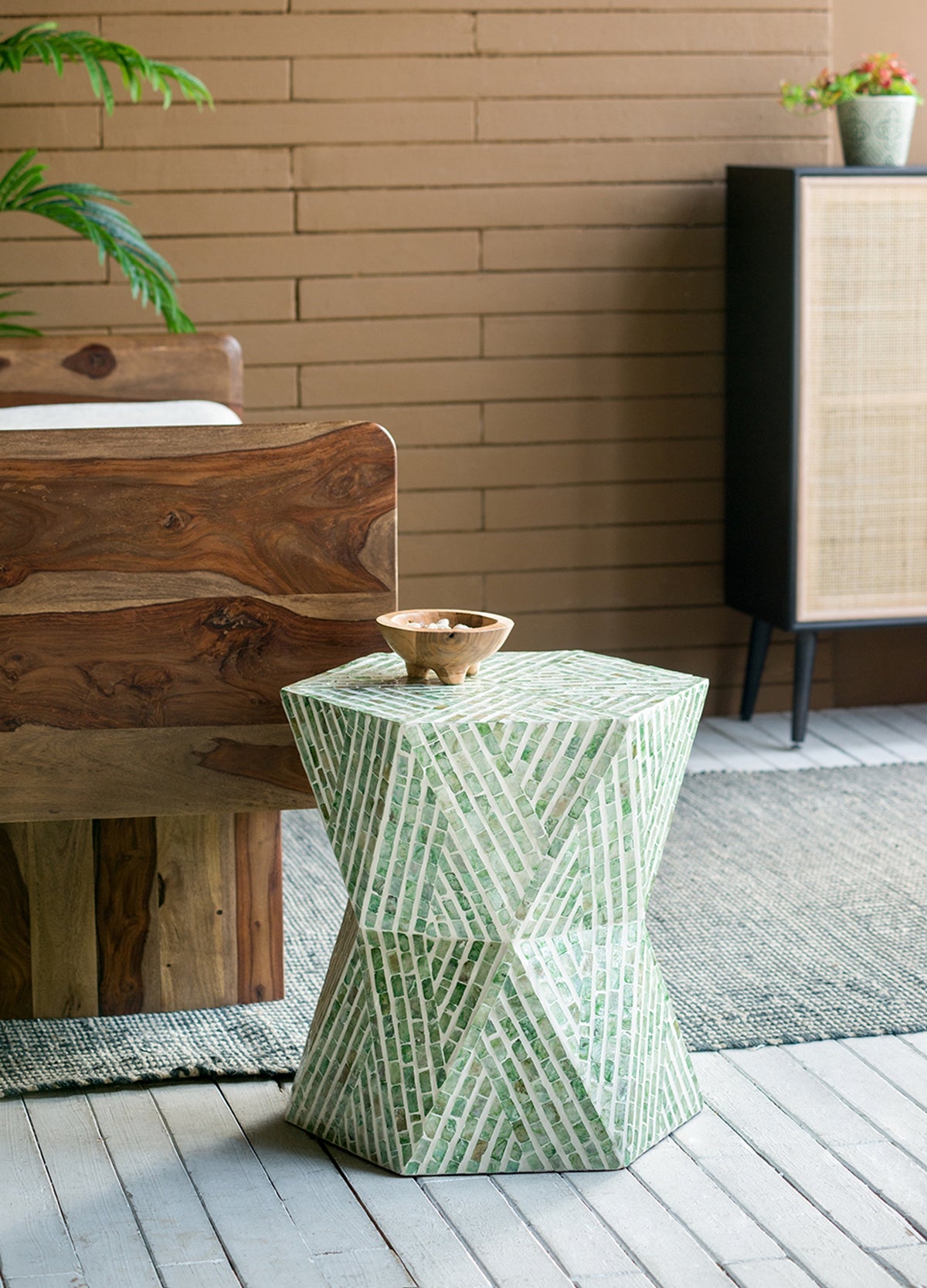 Tapered Green Garden Capiz Stool/Accent Side Table