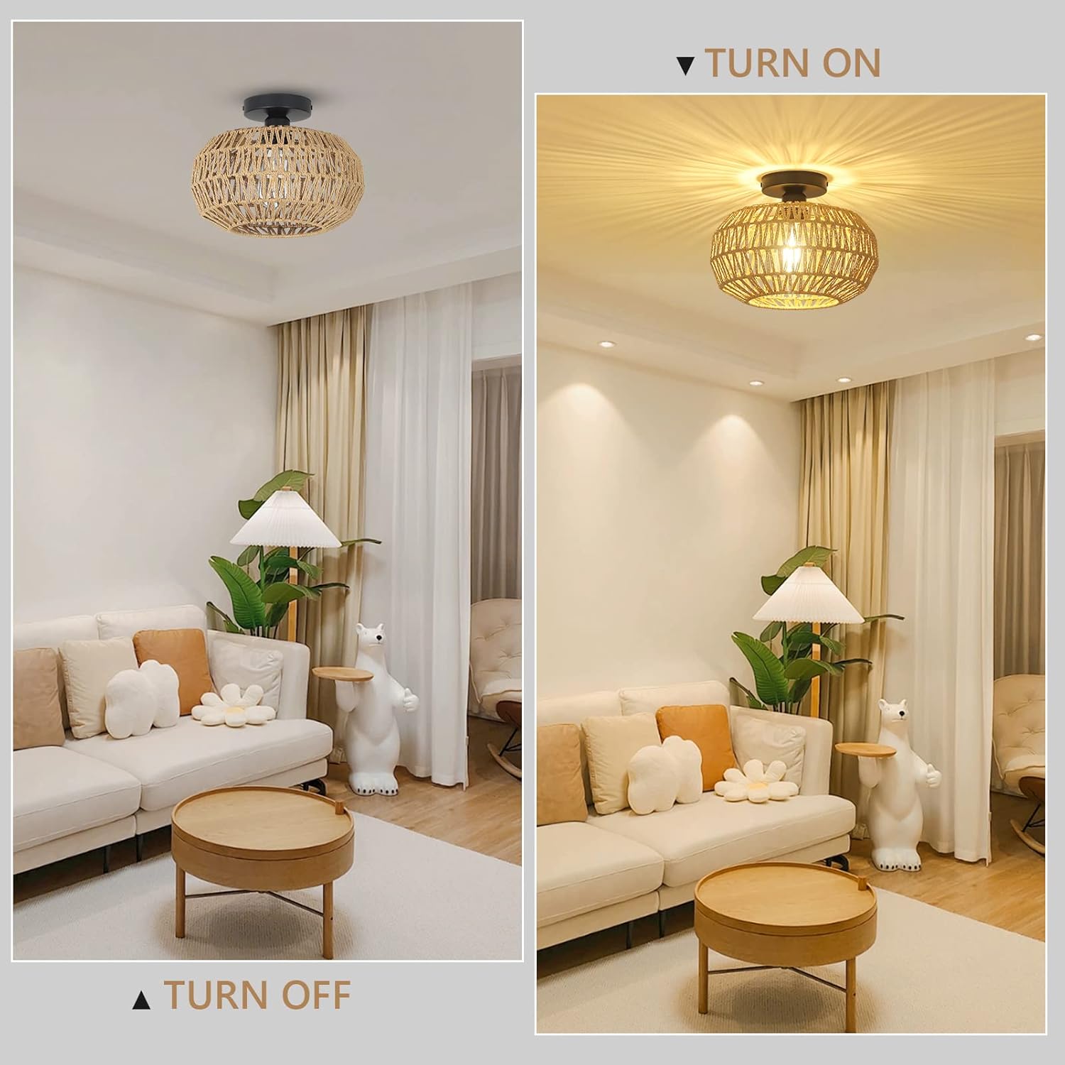Ceiling Light Fixture with Dimmable LED and Hand-Woven Paper Rattan Cage