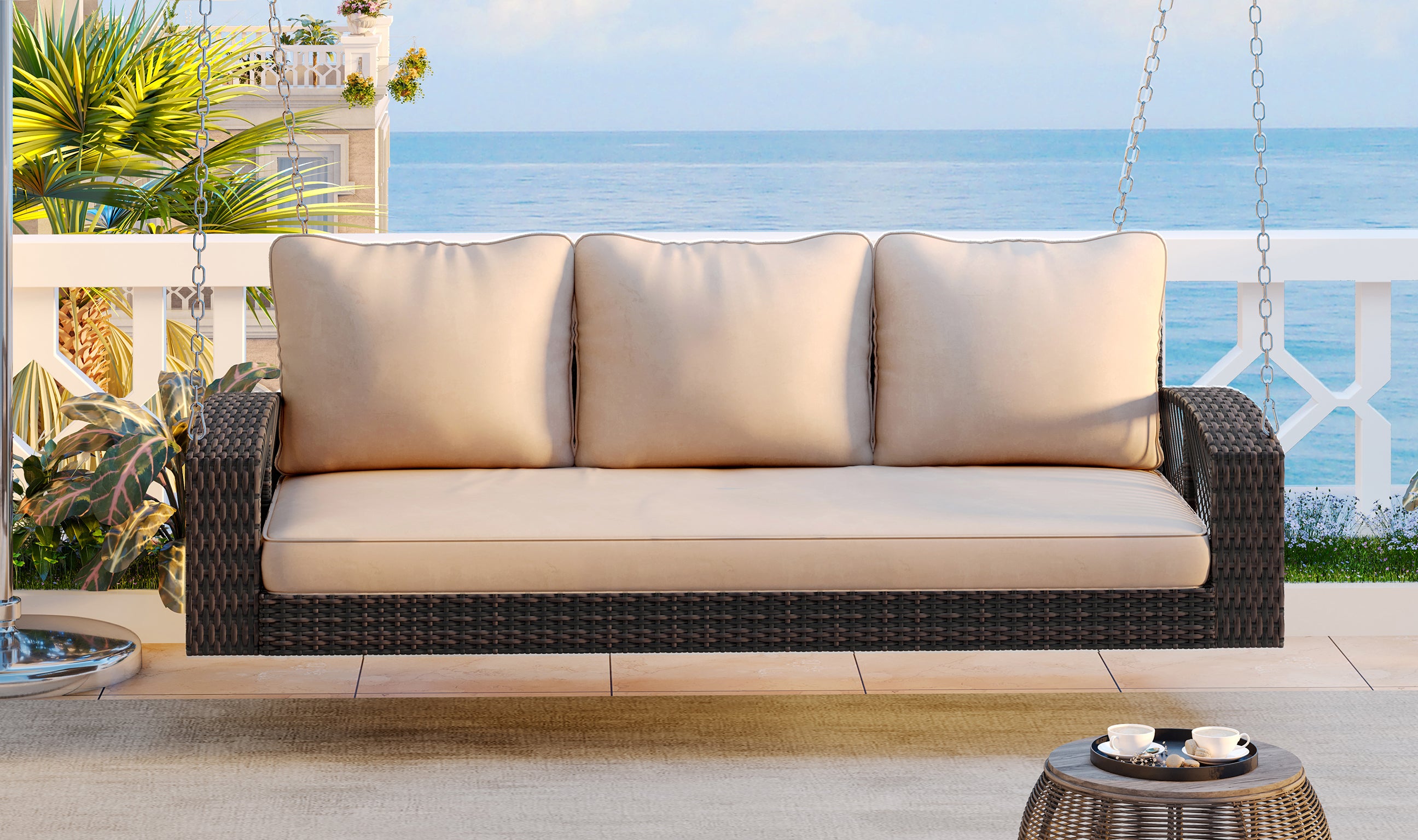 3-Person Large Porch Swing with Cushions