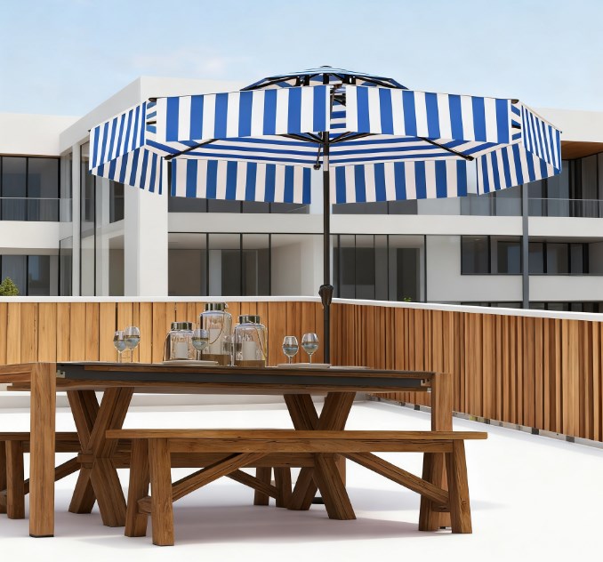 Bistro Stripe 2-Tier Vented Tiltable Patio Umbrella with Crank