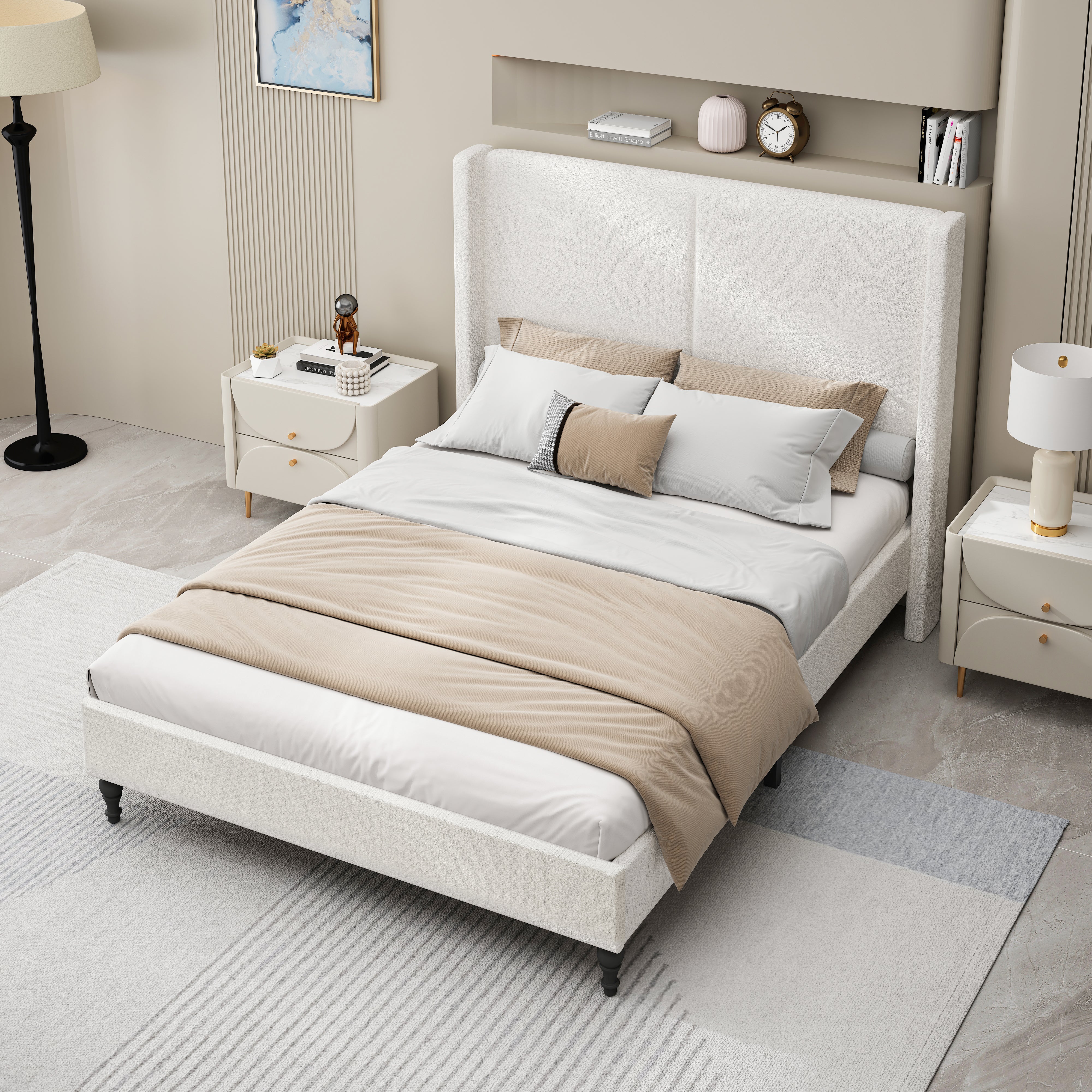 Bed Frame with 55.5"High Back Boucle Upholstered Headboard