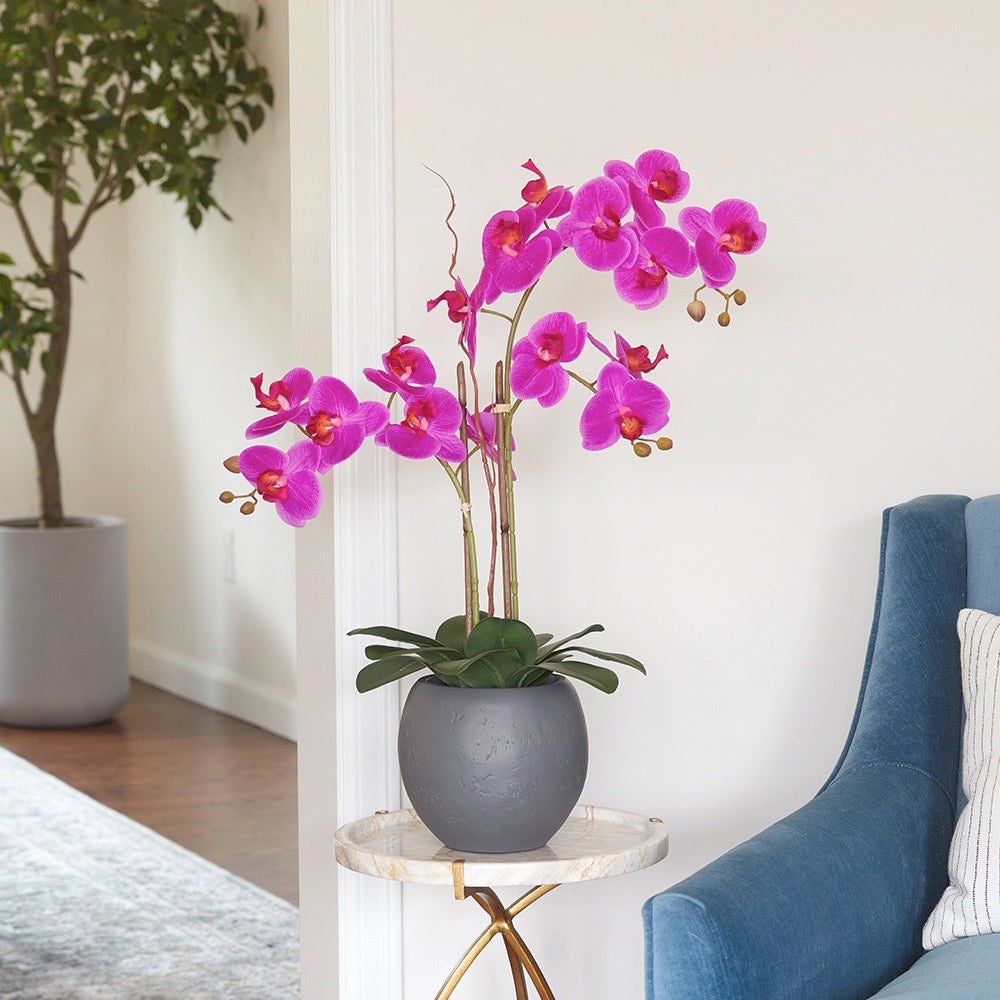 Faux Pink Double Stem Orchid in modern gray pot