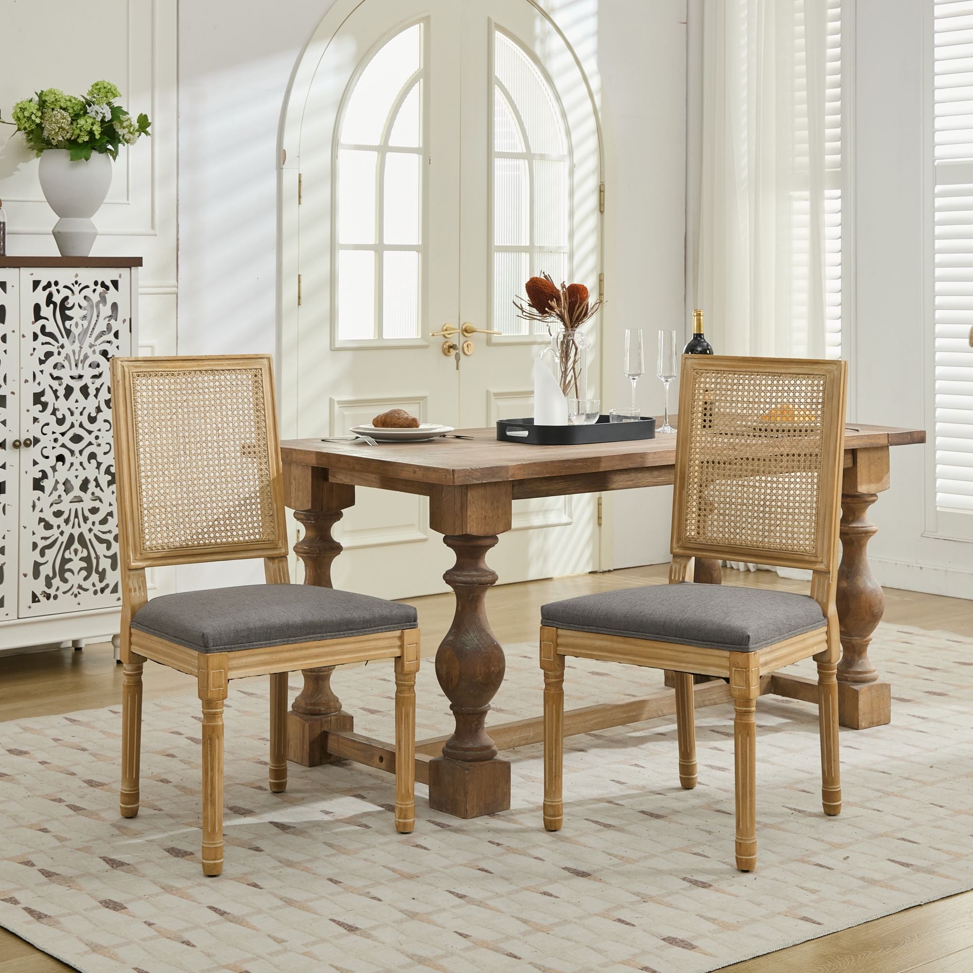 Louis French Country Dining Chairs with Square Rattan Backrest, Set of 2