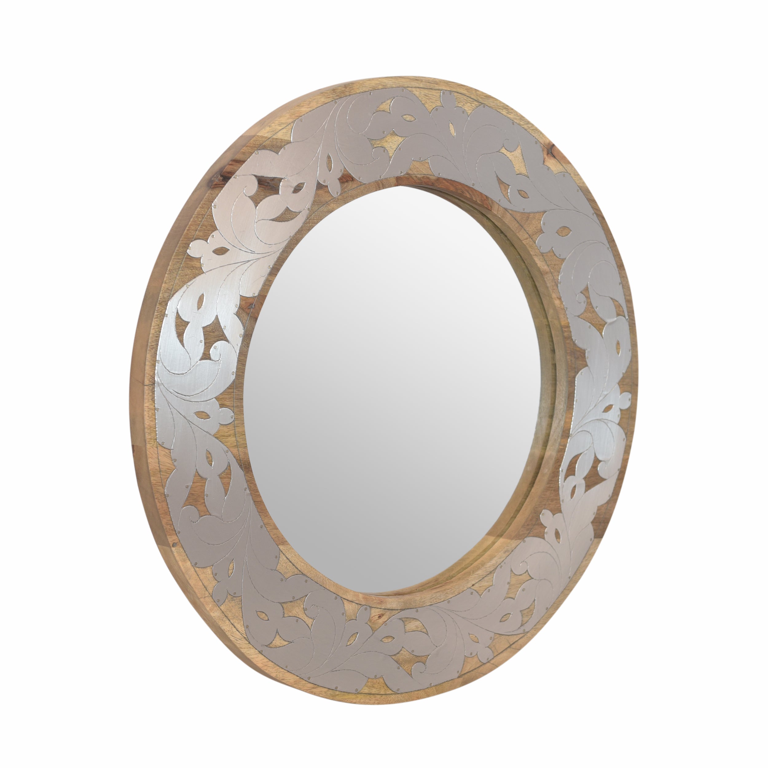 Round Wall Mirror with Metal Floral Pattern and Wood Frame