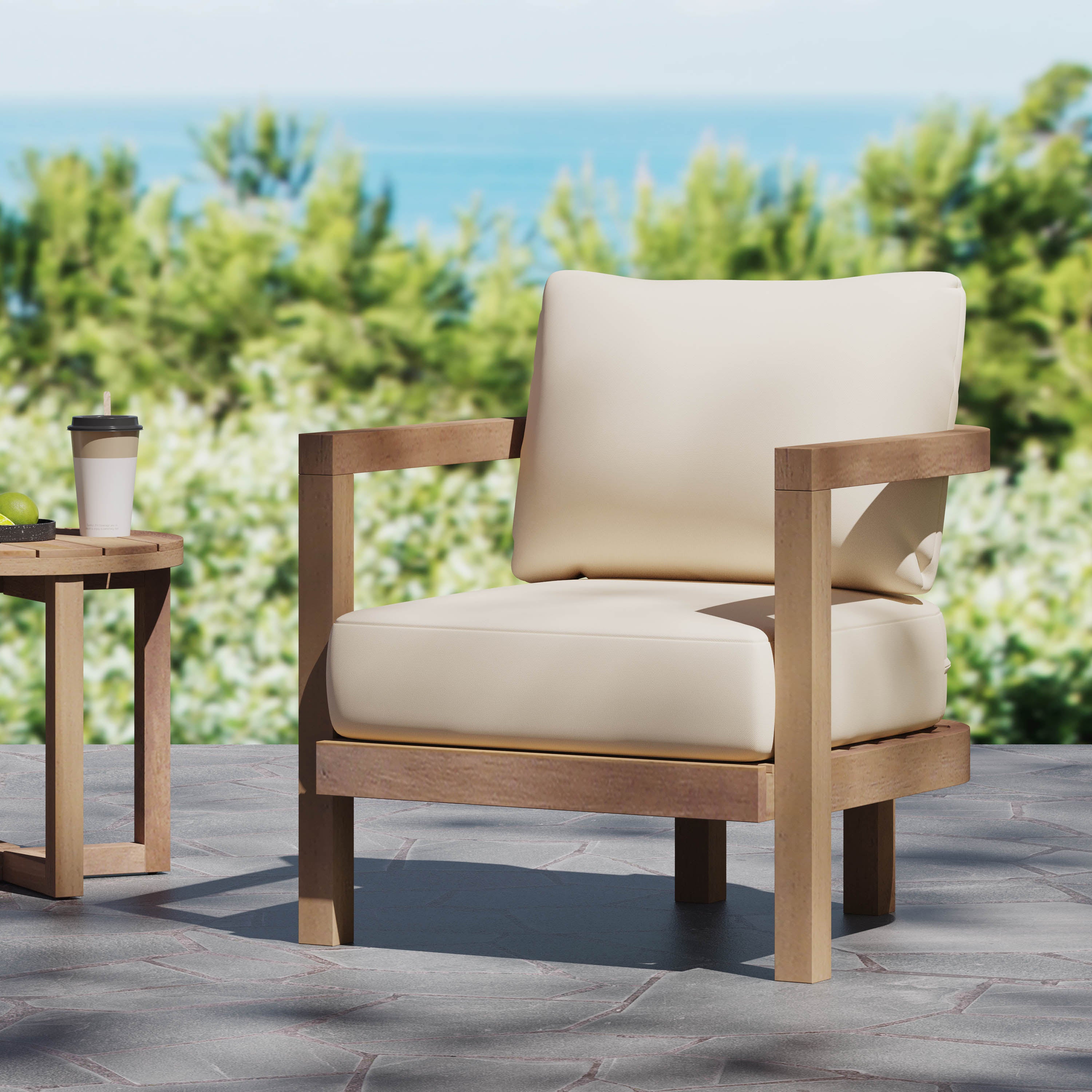 Outdoor Club Chair with Slat Panel Design and Back Cushion
