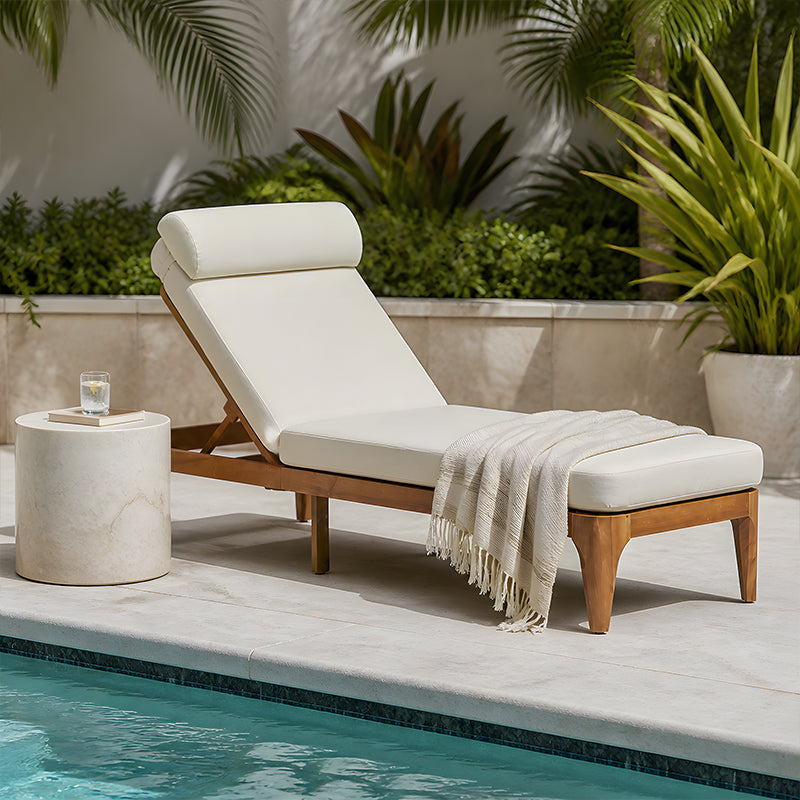 Outdoor Acacia Wood Sun Lounge Chair, Patio Recliner with Adjustable Backrest and Head Pillow