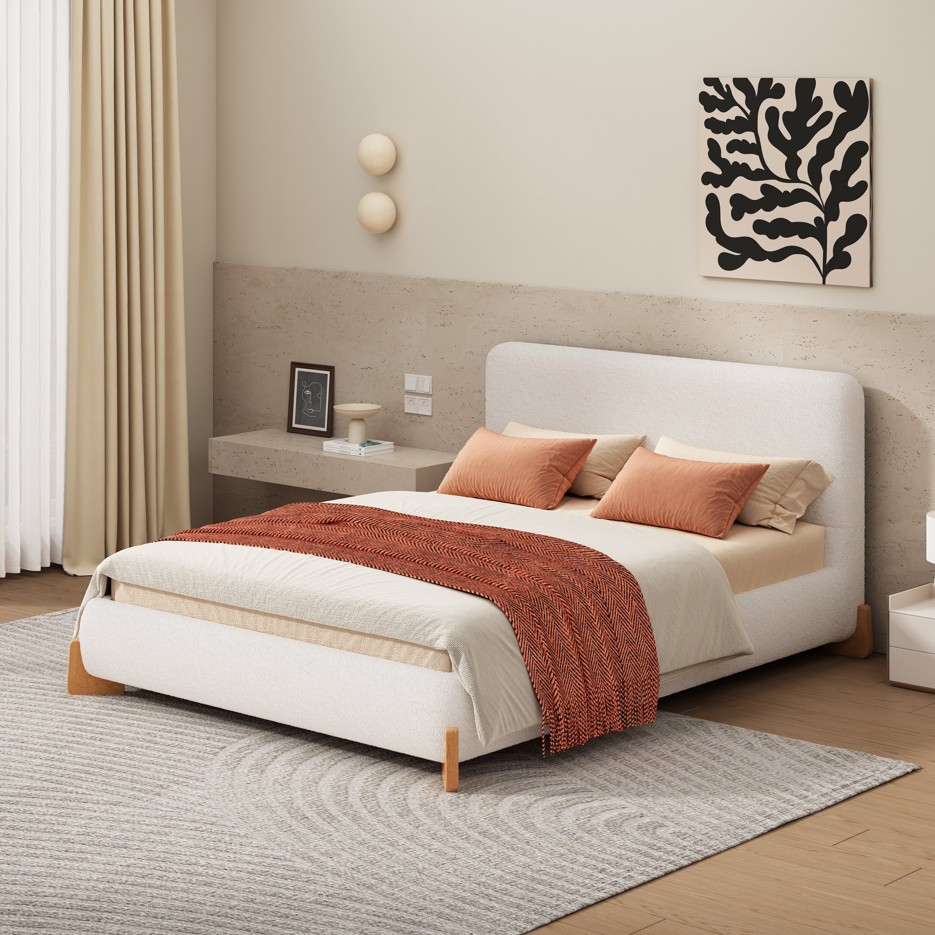 Elegant Boucle Upholstered Bed with Accent Feet