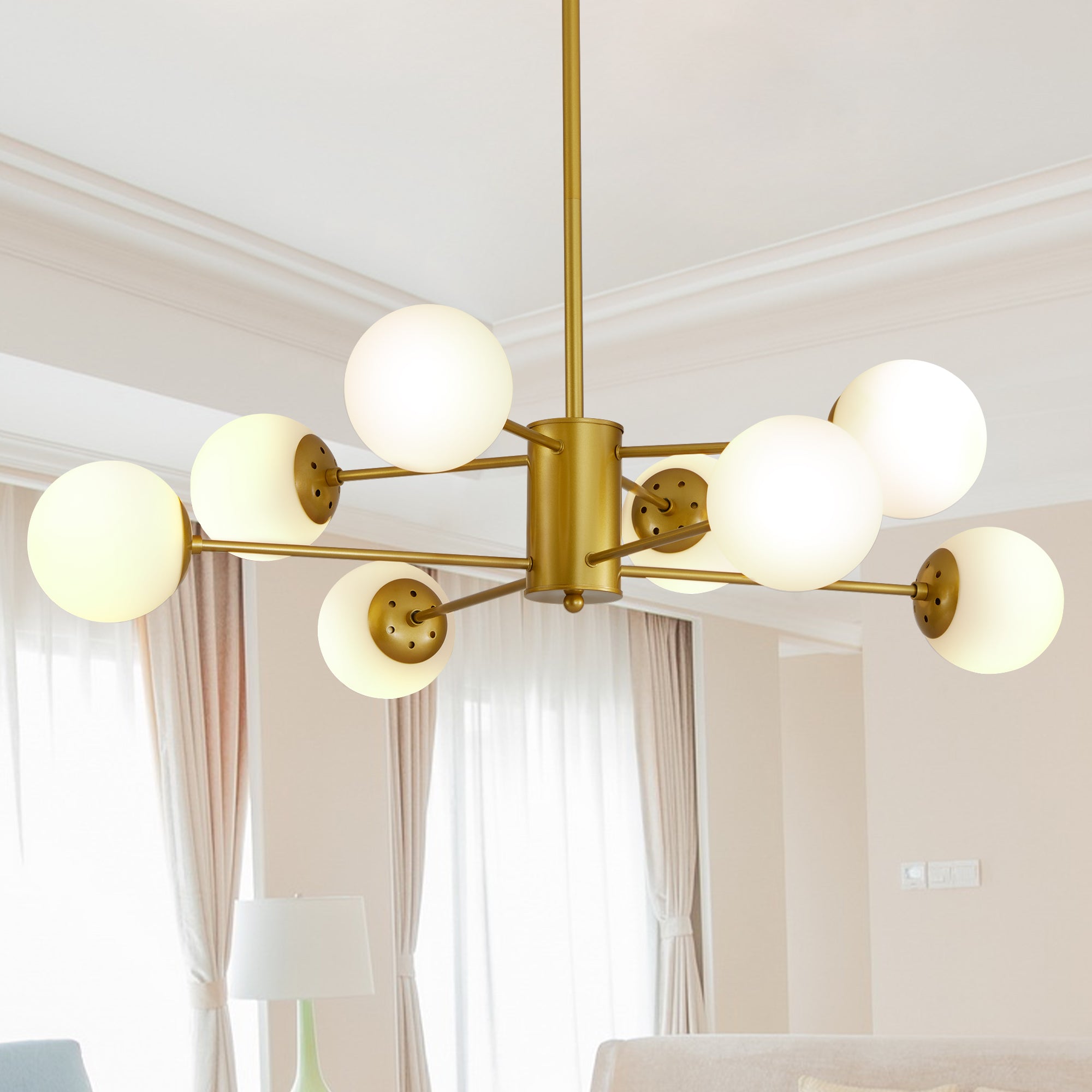 35" 8-Light Chandelier with White Glass Globe Shades