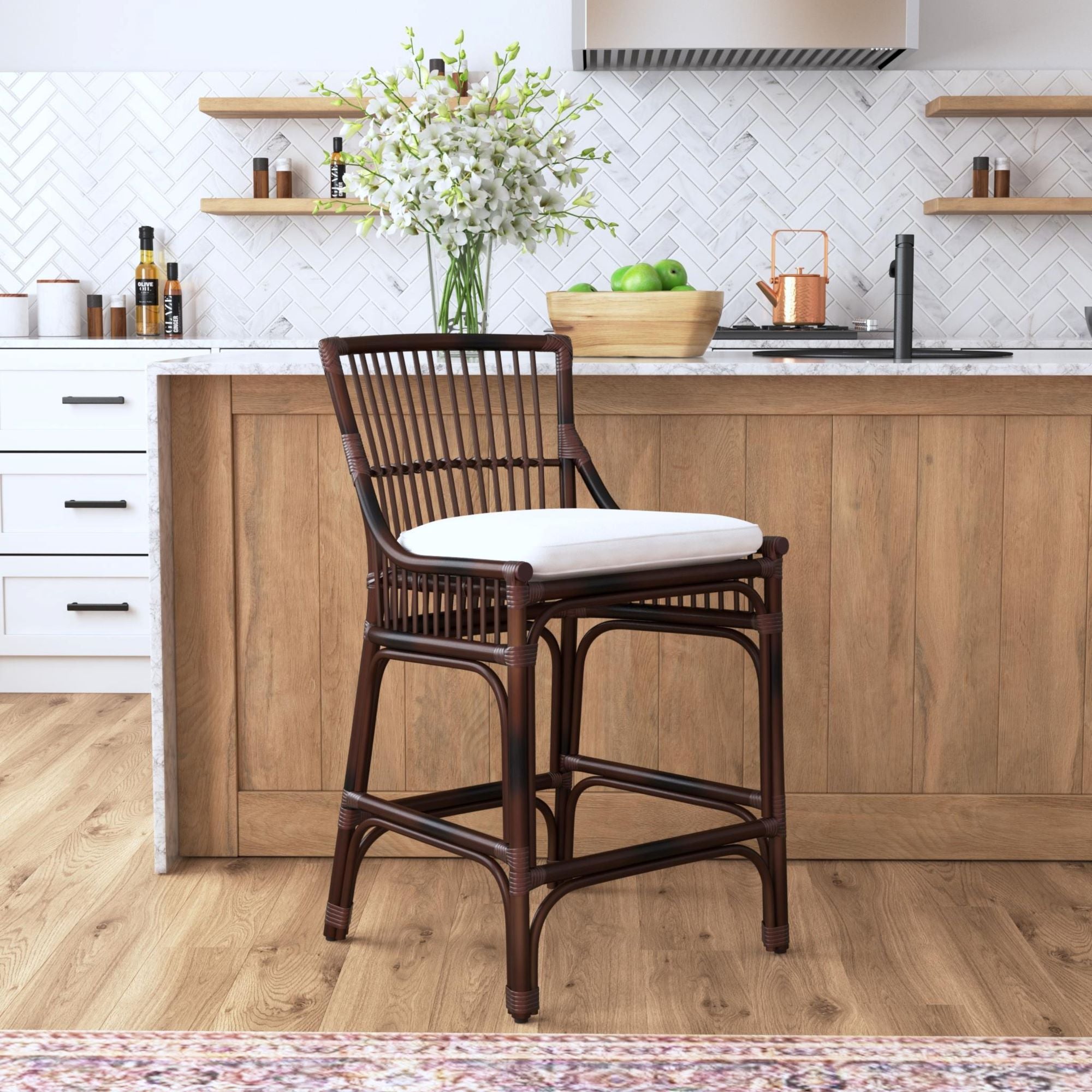 Rattan Slat Back Counter Stool Dark Brown