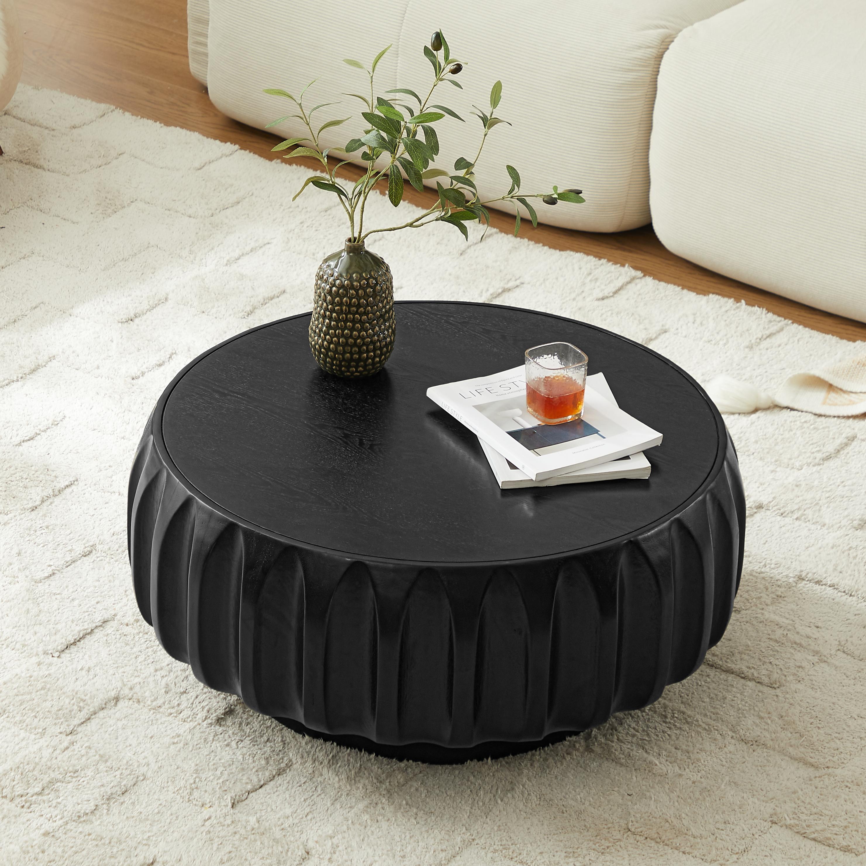Round Solid Wood Carved Coffee Table with Elegant Sculptural Design