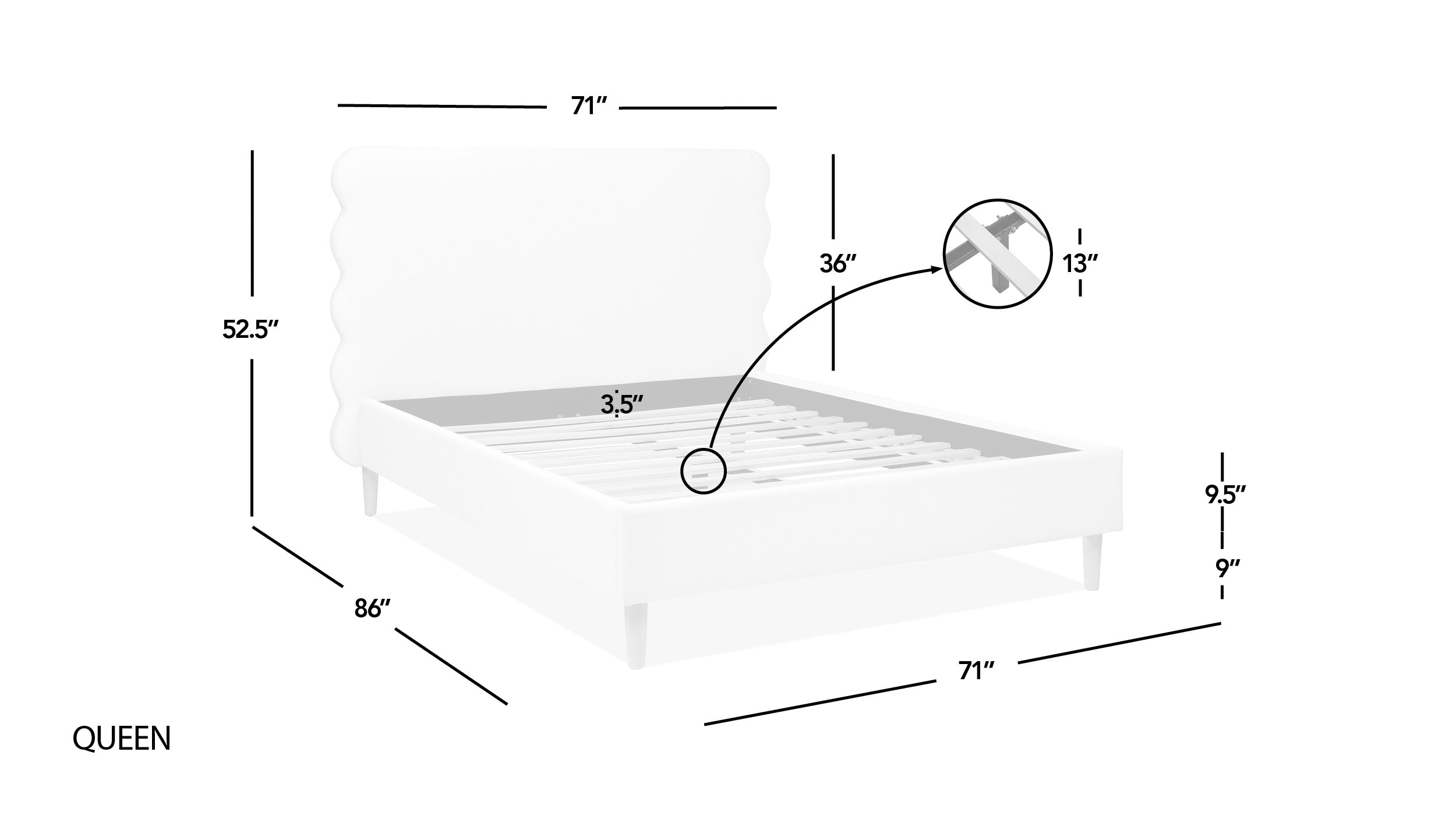 Essencee Upholstered Platform Bed with Wavy Headboard and Wood Legs