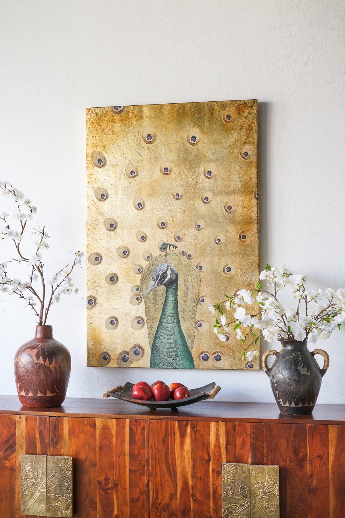 Hand-Painted Peacock Wall Art with Textured Gold Background, 30.7" x 46.5"
