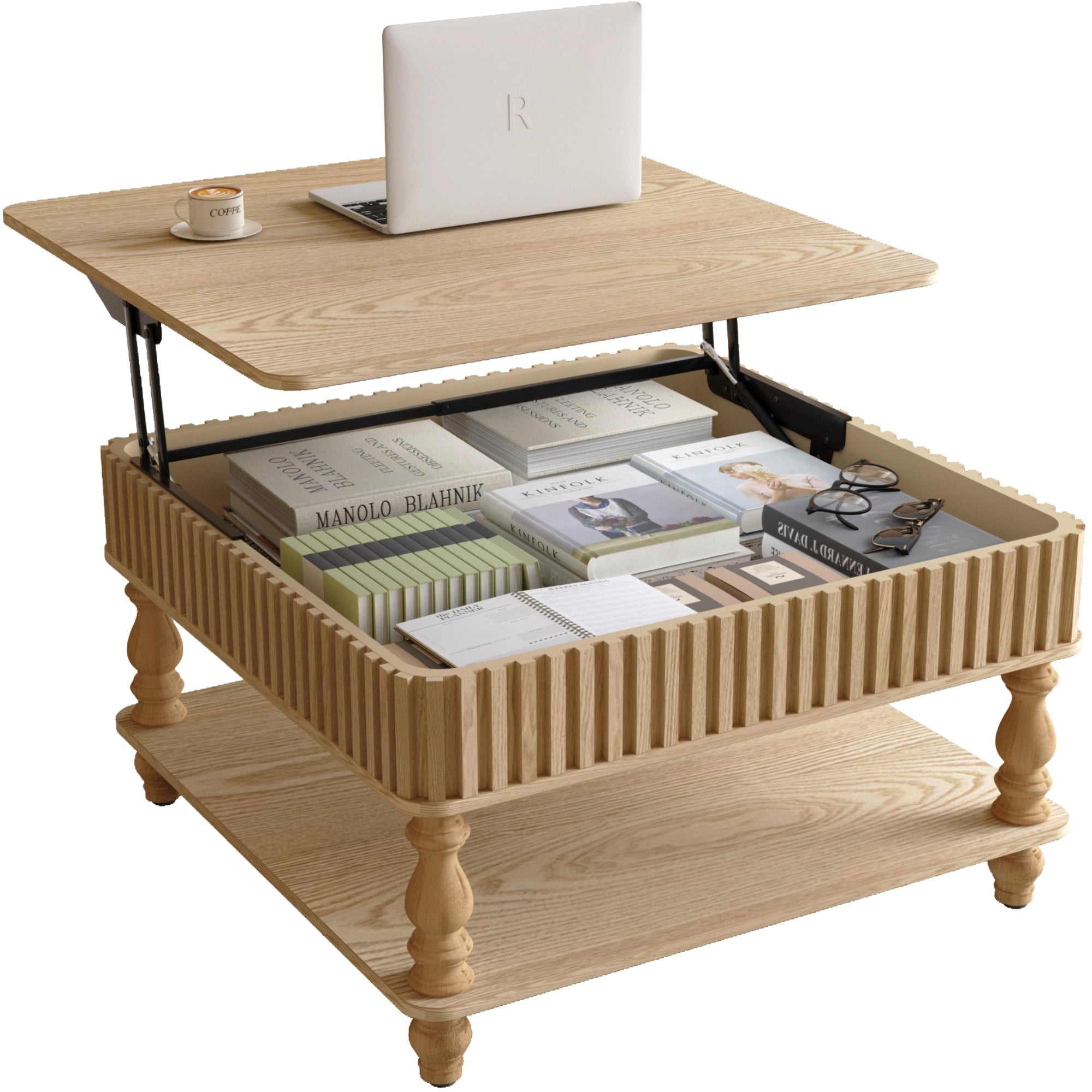 Square Fluted Lift-Top Coffee Table with Hidden & Open Storage