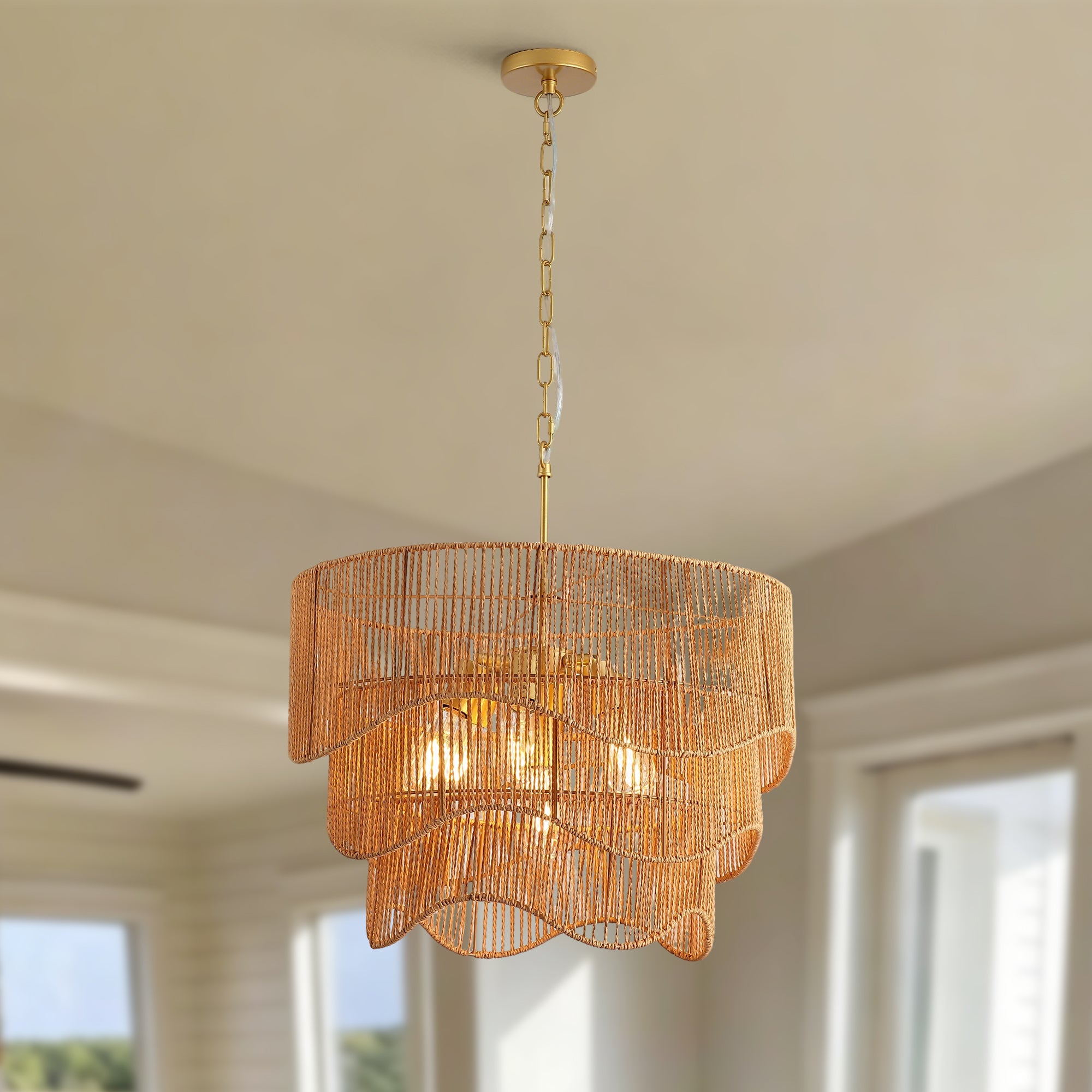 Handwoven Rattan Boho Wave Pendant Chandelier with 7-Lights