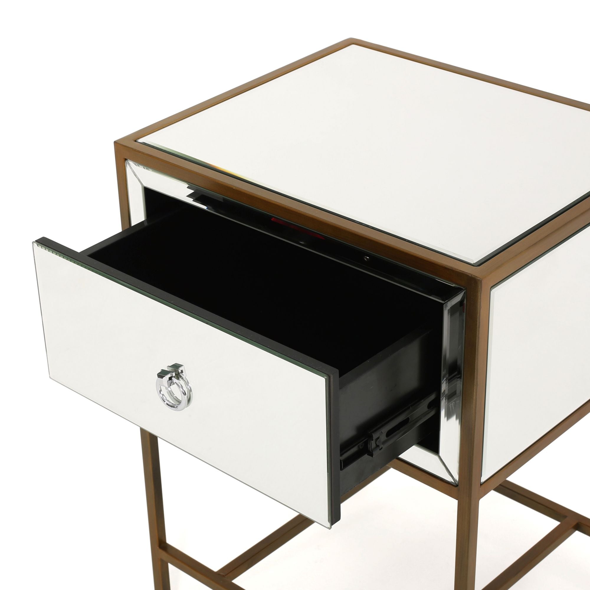 Mirror Side Table with Drawer and Metal Frame