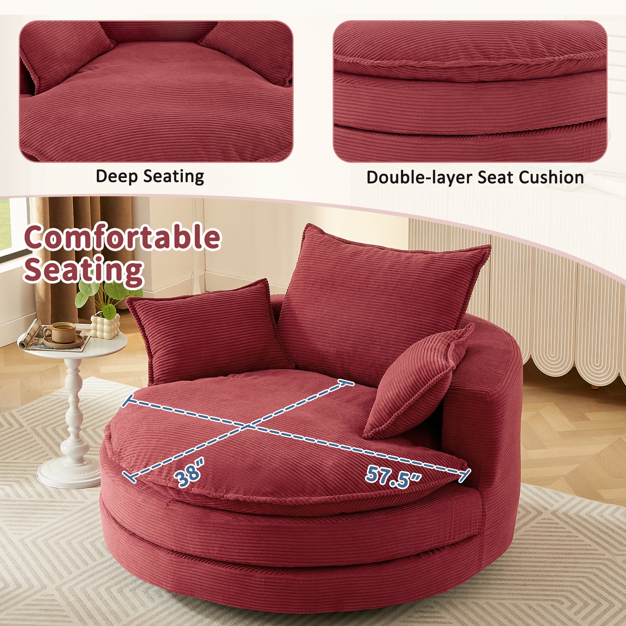 Corduroy 360° Swivel Accent Barrel Chair with 3 Removable Pillows