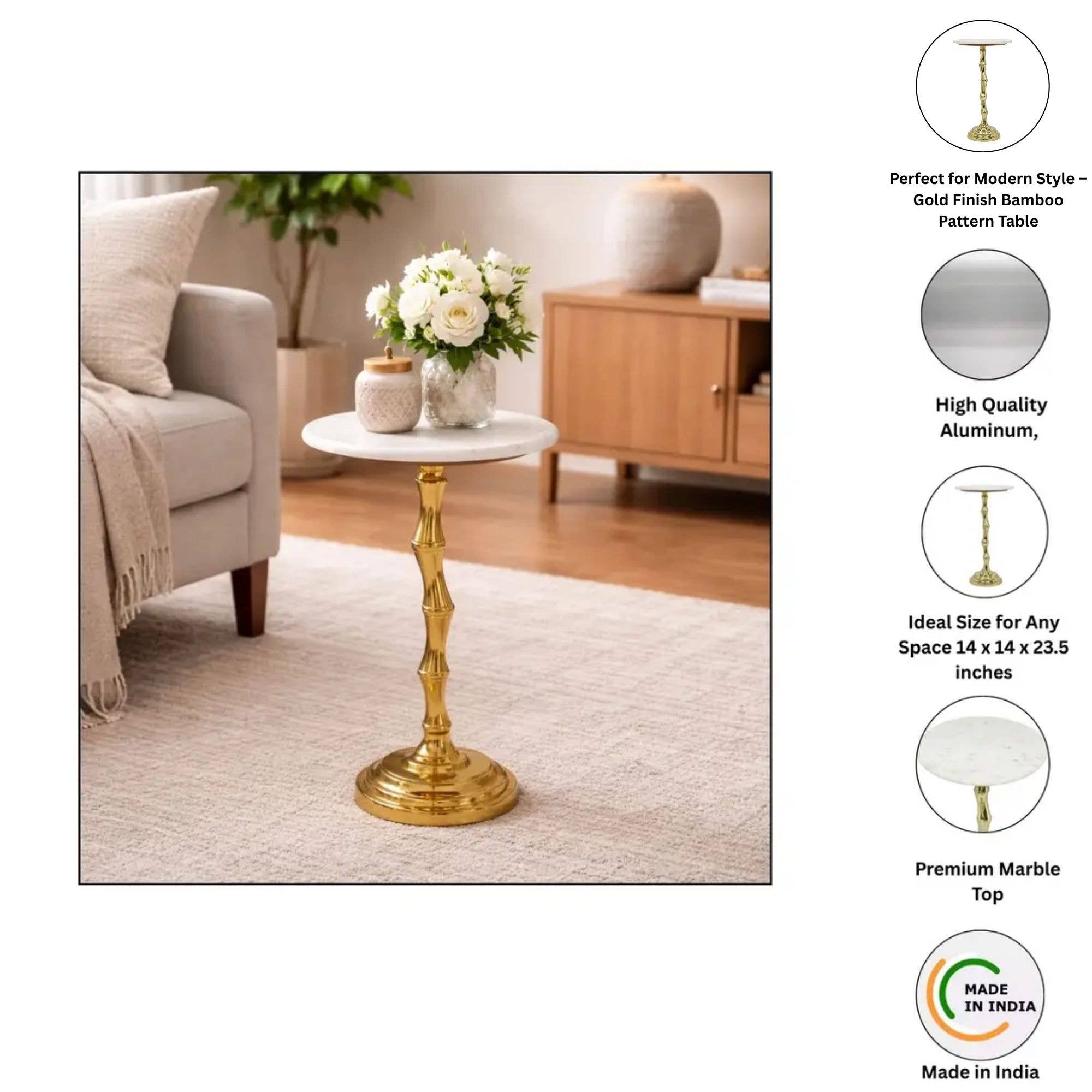 Bamboo Pattern Side Table with White Marble Top