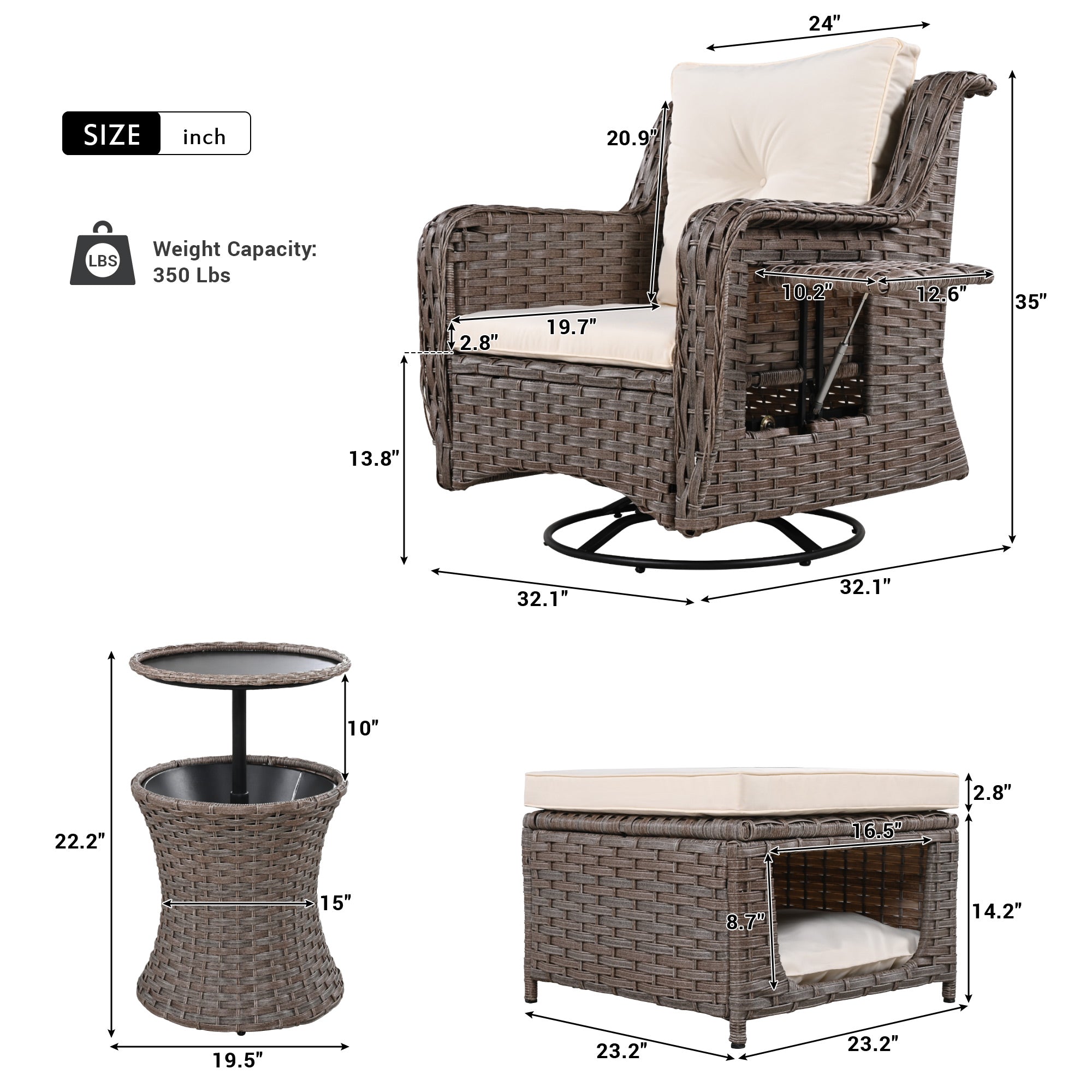 5-Piece Patio Set with Bar Table, 2 Swivel Chair and 2 Ottomans
