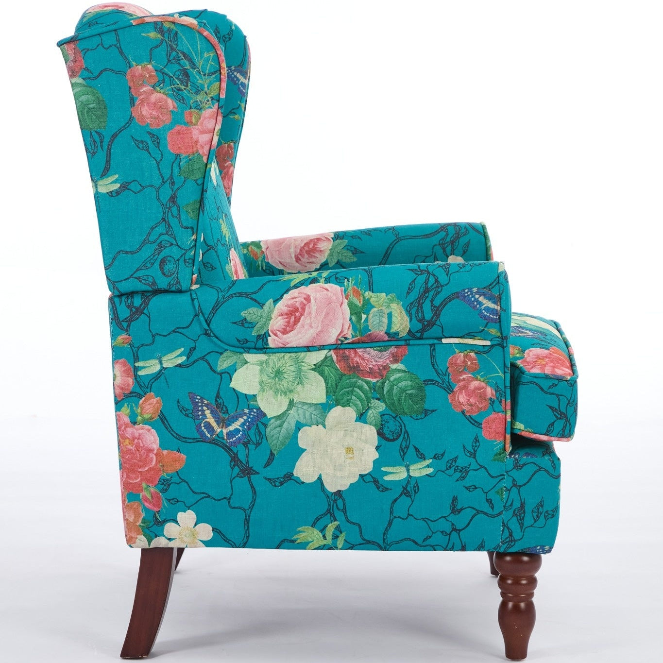 Modern Floral Design Accent Chair with Retro Wood Legs