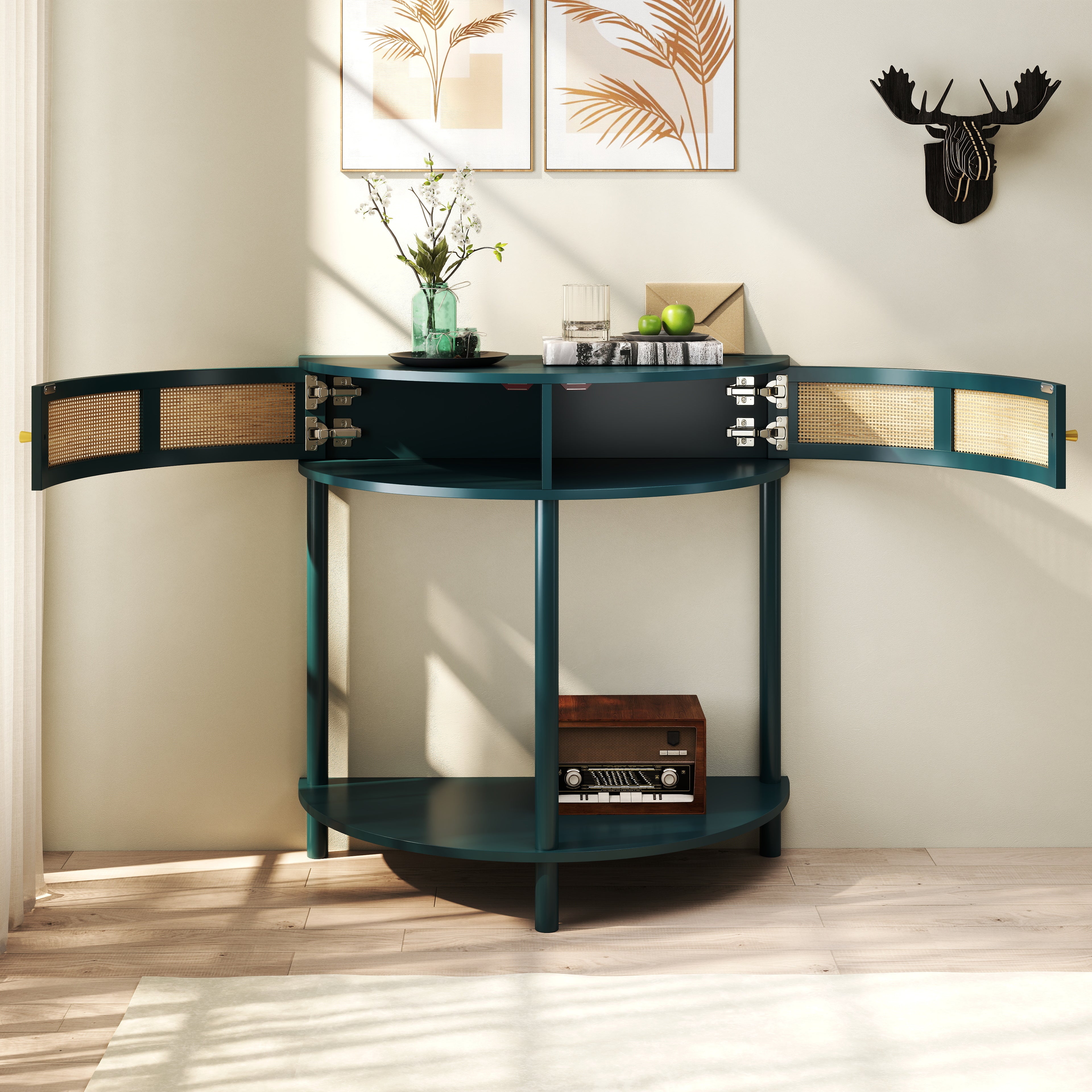 Boho Rattan Semi Circle End Table with Sliding Door