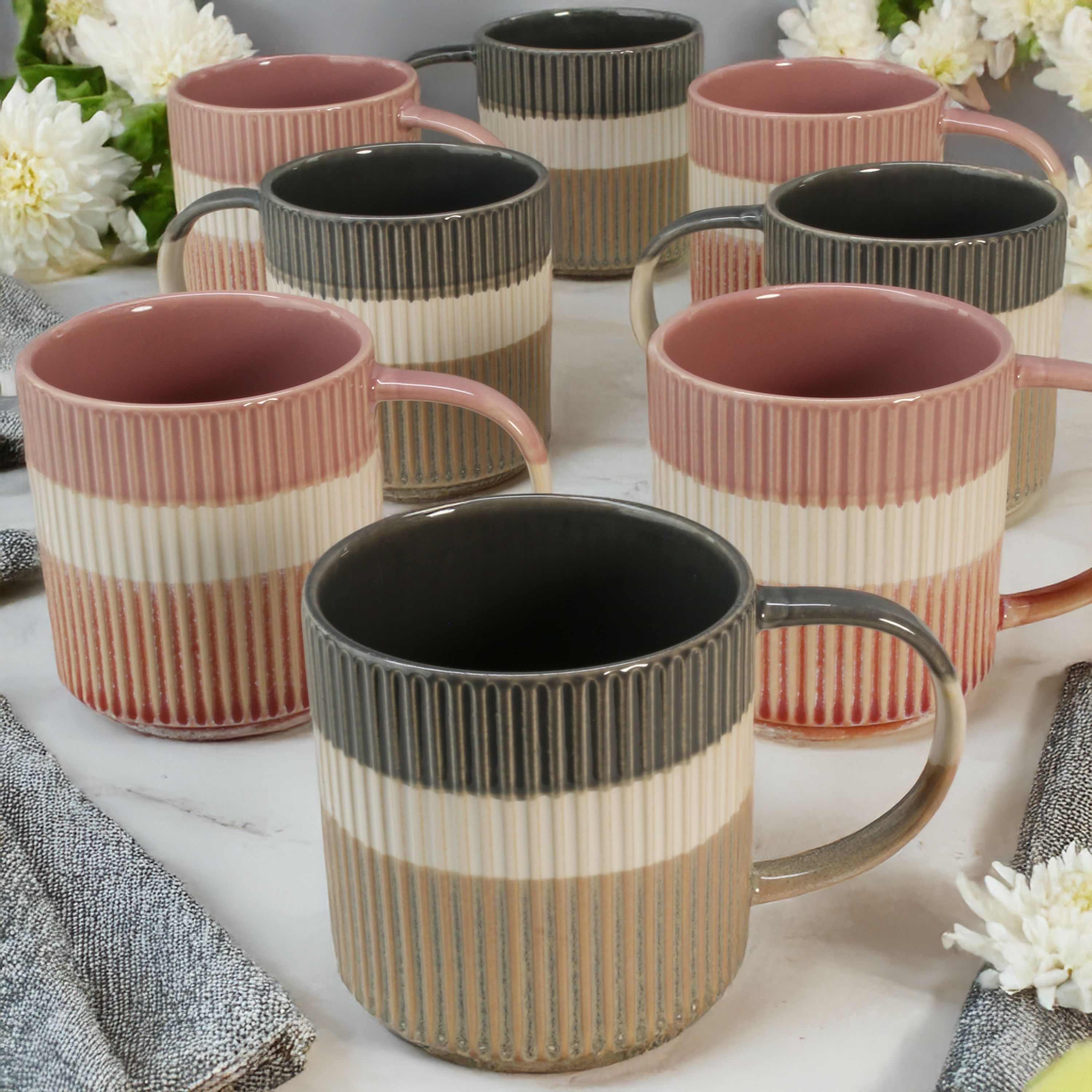 Tri-Color Mugs, Set of 8