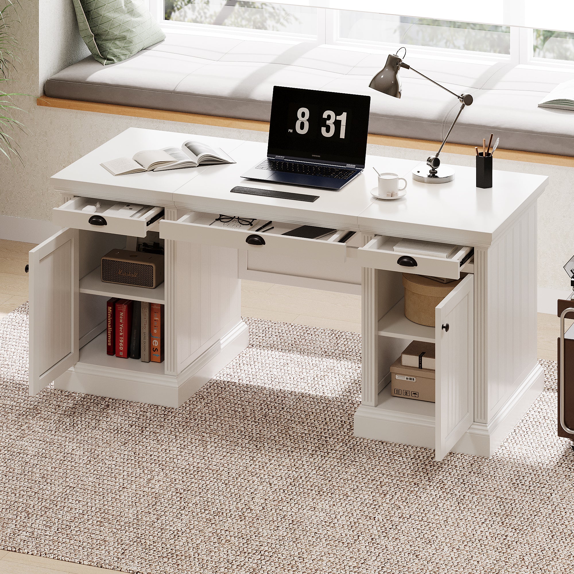 Traditional Home Office Desk with 2 Cabinets and 3 Drawers