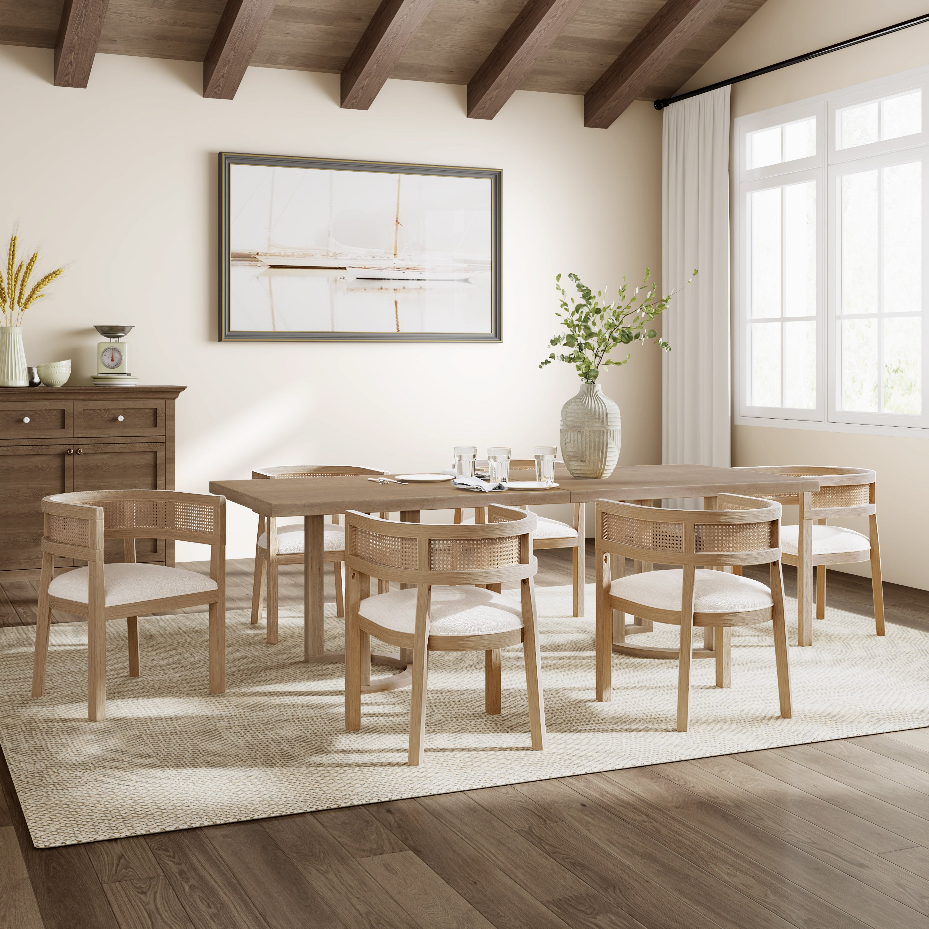 Asbury 7-Piece Mid-Century Modern Wood Upholstered Dining Set with Rattan U-Back Chairs