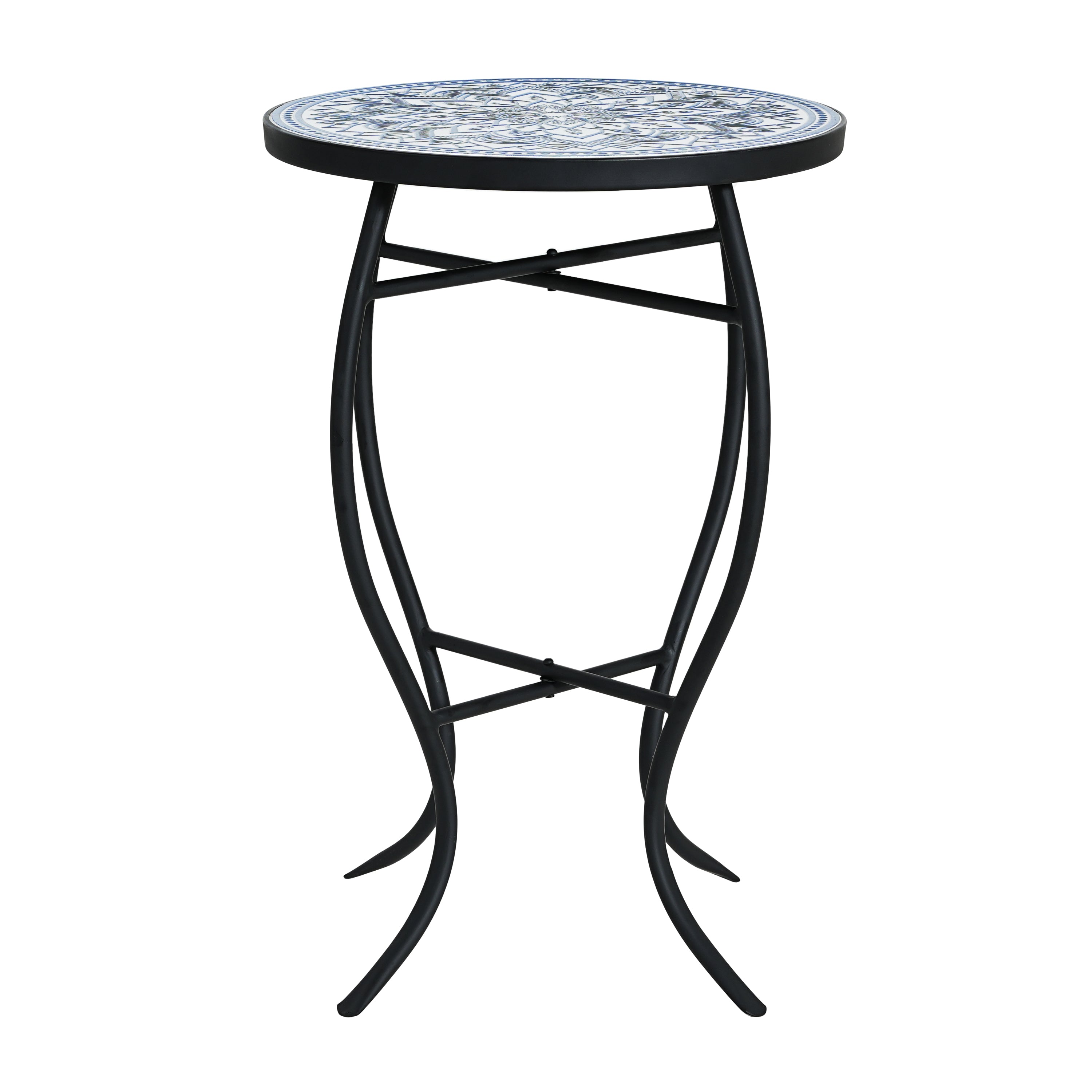 Outdoor Round Side Table with Mosaic-Style Top and Curved Iron Legs, Blue and Matte Black