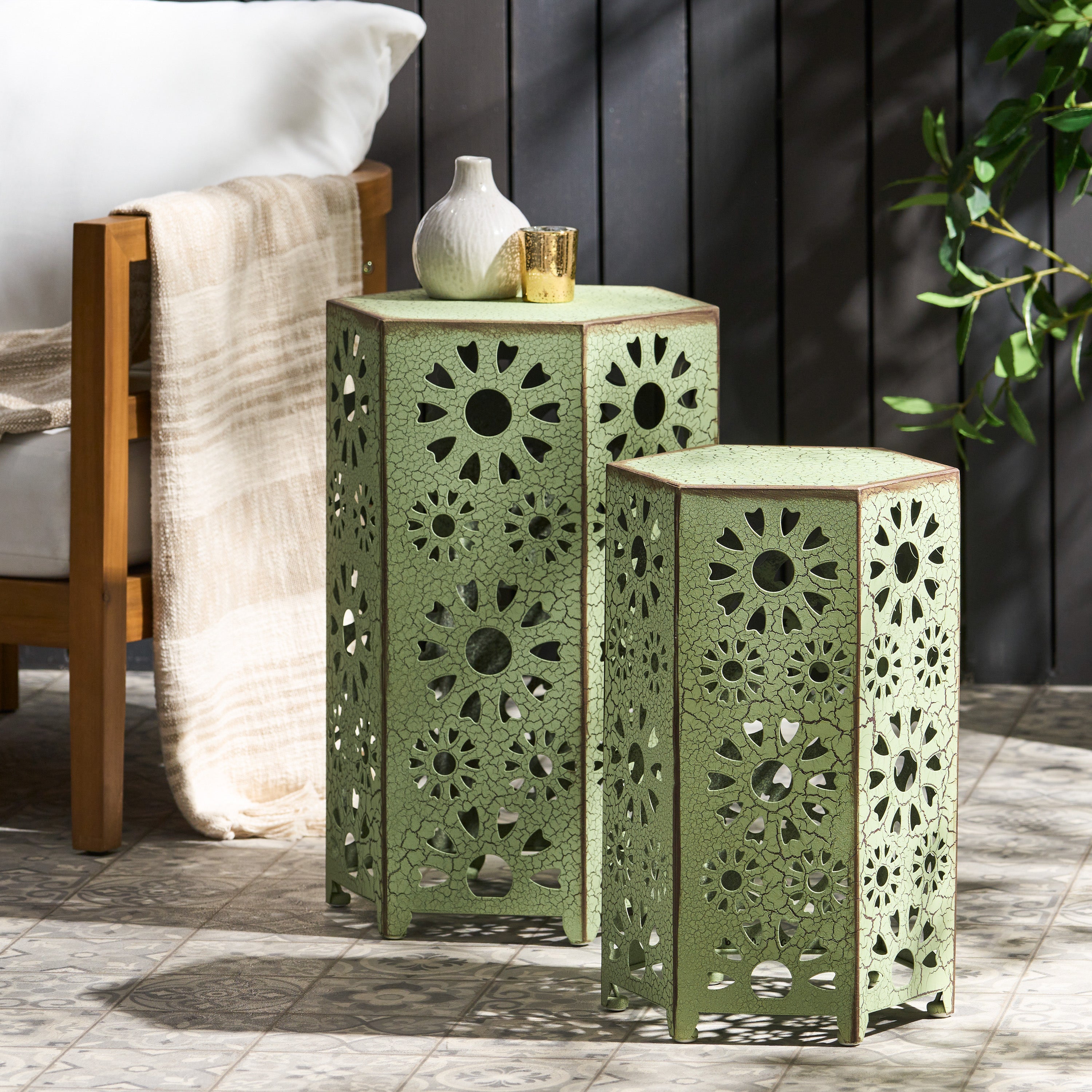 Eliana Iron Outdoor Side Table Set with Sunburst Cut Out