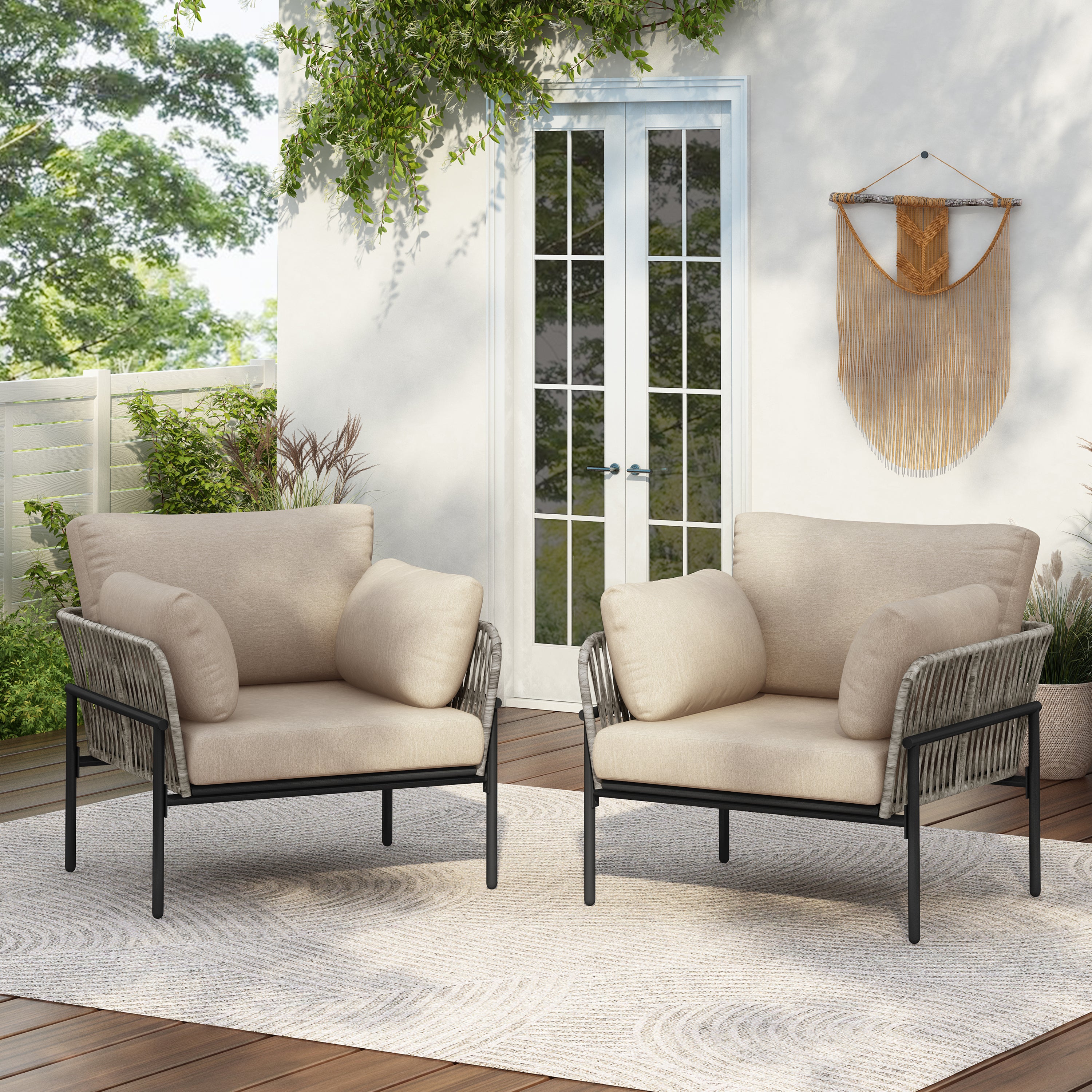 Brisa Outdoor Modern Iron Lounge Chair with Rope Weave