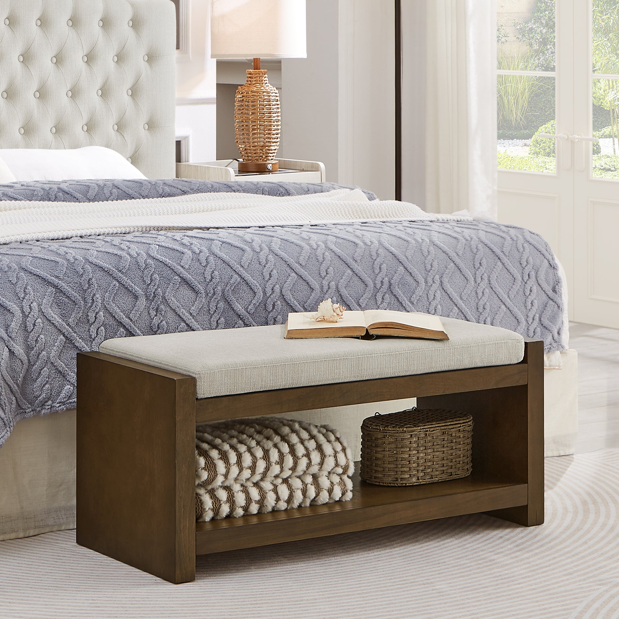 Accent Bench with Lower Shelf Shoe Rack and Padded Seating
