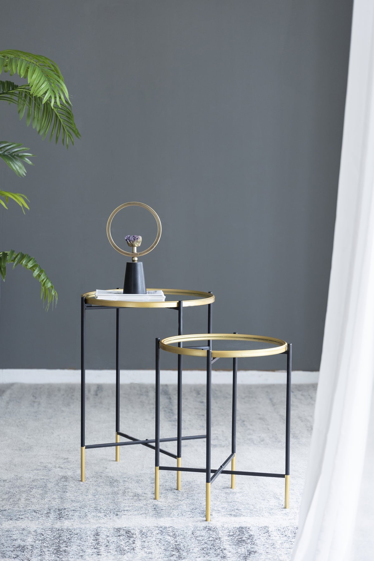 Set of 2 Gold and Black Iron Side Tables with Glass Top